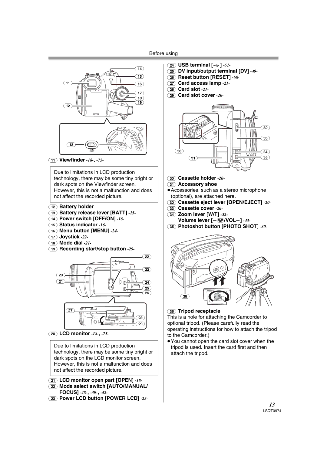 Panasonic PV-GS300, NV-GS300B USB terminal, Reset button Reset, Card access lamp, Card slot, Viewfinder -18 