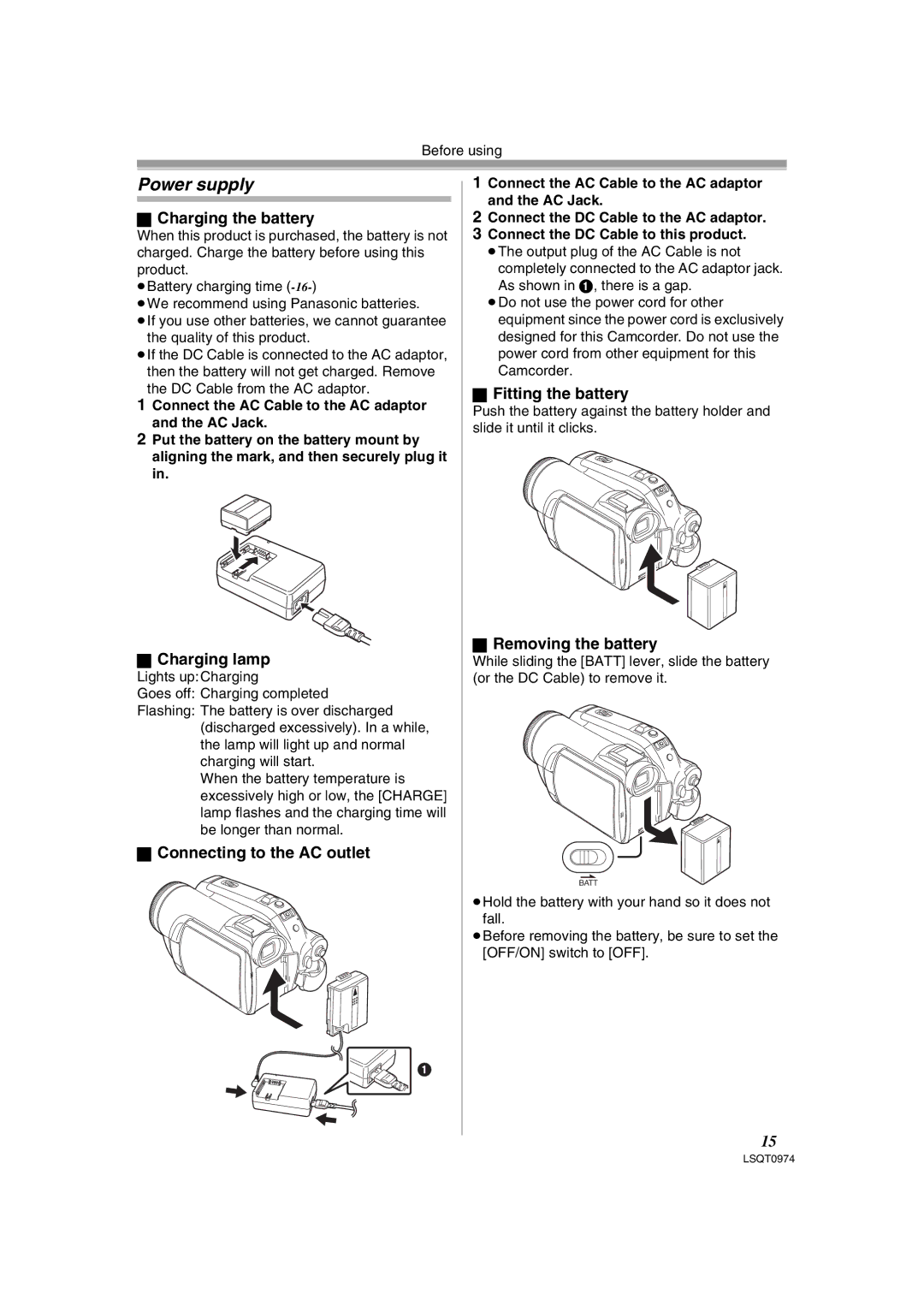 Panasonic PV-GS300 Power supply, Charging lamp, Connecting to the AC outlet, Fitting the battery, Removing the battery 