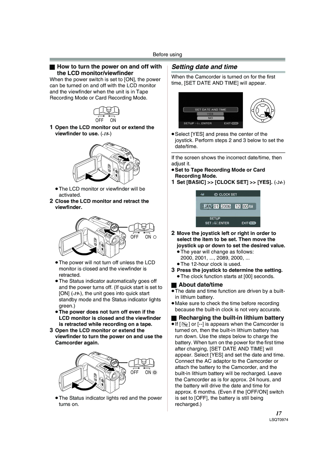 Panasonic PV-GS300, NV-GS300B Setting date and time, About date/time, Recharging the built-in lithium battery 