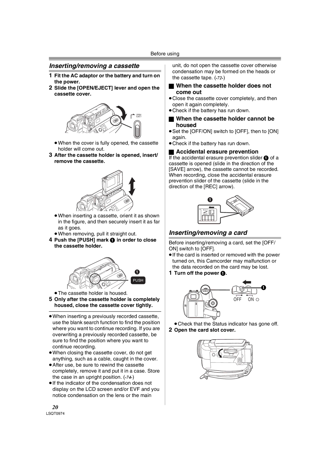 Panasonic NV-GS300B Inserting/removing a cassette, Inserting/removing a card, When the cassette holder does not Come out 