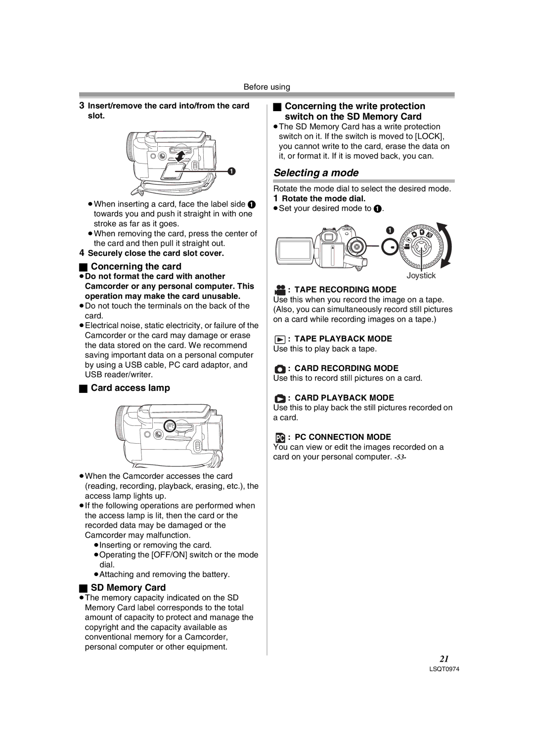 Panasonic PV-GS300, NV-GS300B operating instructions Selecting a mode, Concerning the card, Card access lamp, SD Memory Card 