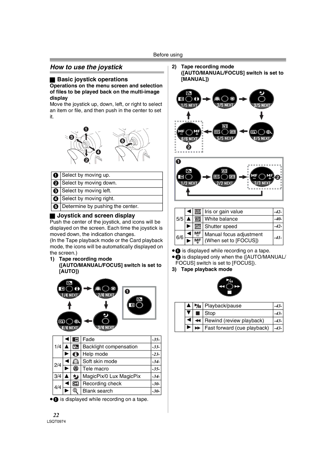 Panasonic NV-GS300B How to use the joystick, Basic joystick operations, Joystick and screen display, Tape playback mode 