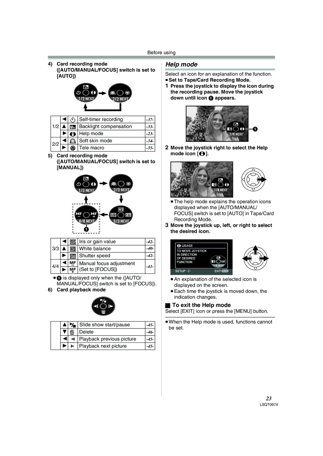 Panasonic PV-GS300, NV-GS300B To exit the Help mode, Card recording mode AUTO/MANUAL/FOCUS switch is set to Auto 