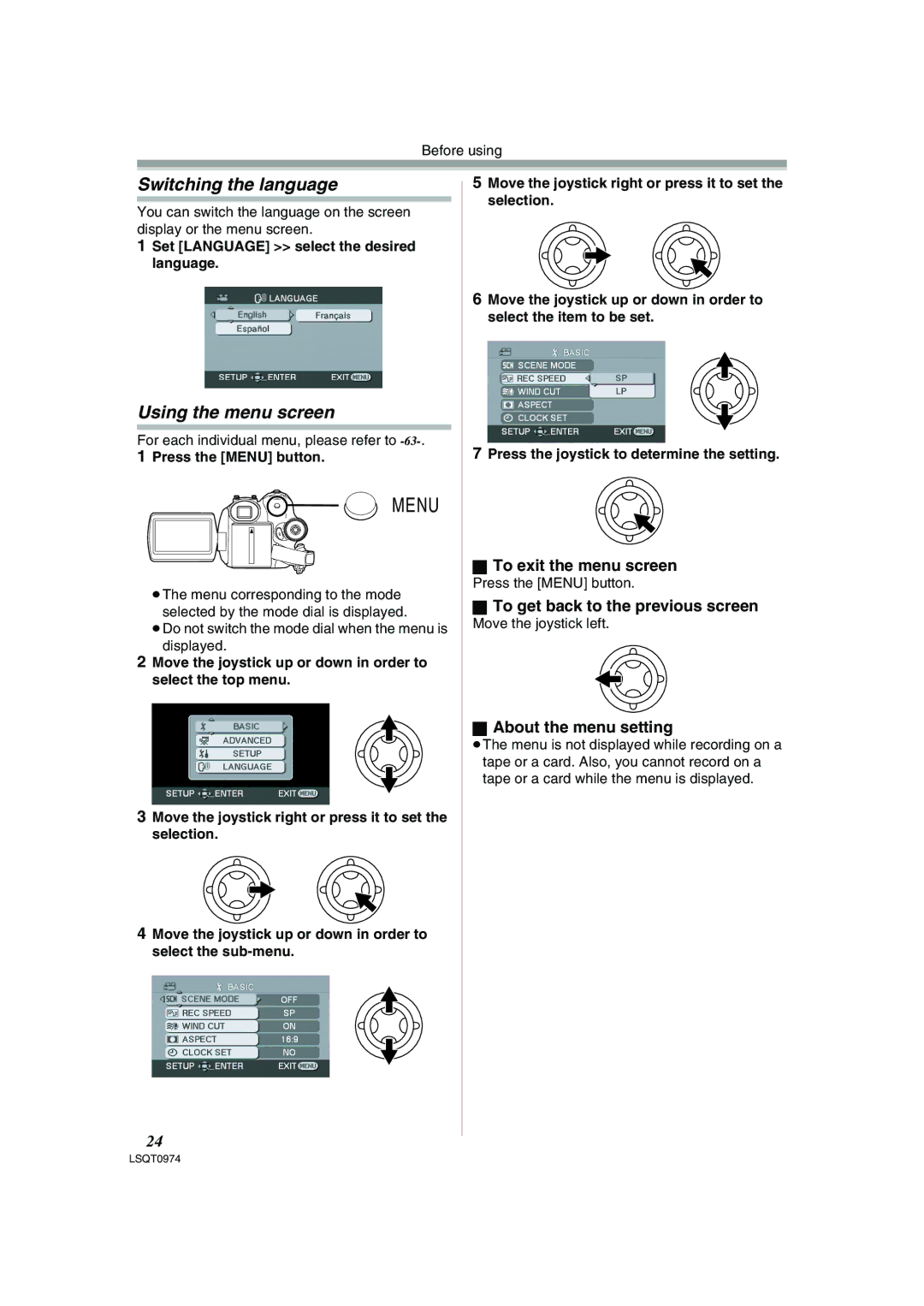 Panasonic NV-GS300B Switching the language, Using the menu screen, To exit the menu screen, About the menu setting 