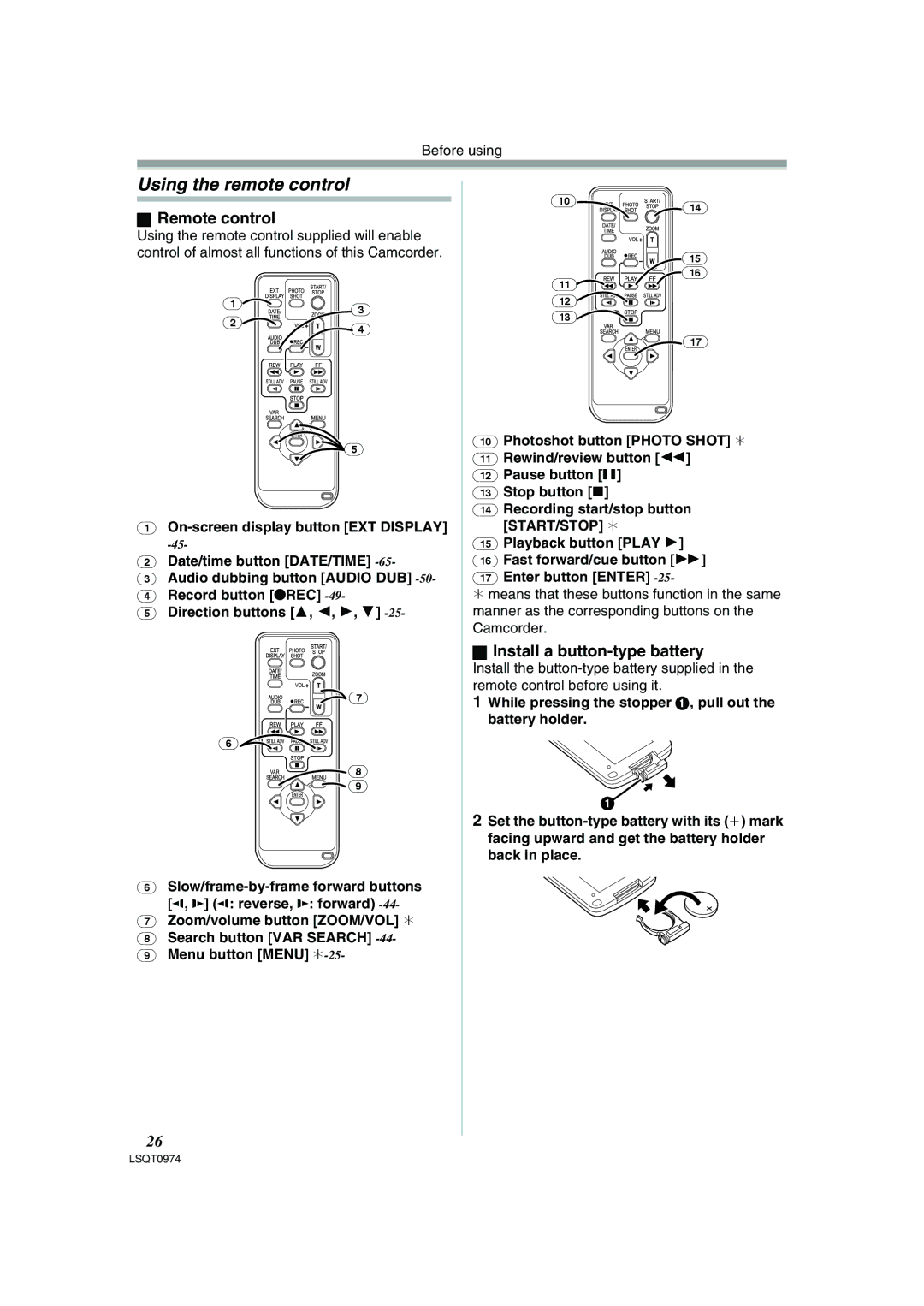 Panasonic NV-GS300B, PV-GS300 operating instructions Using the remote control, Remote control, Install a button-type battery 