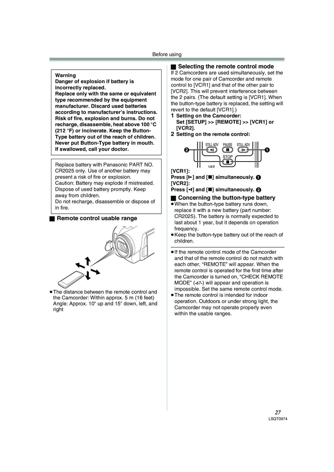 Panasonic PV-GS300 Remote control usable range, Selecting the remote control mode, Concerning the button-type battery 