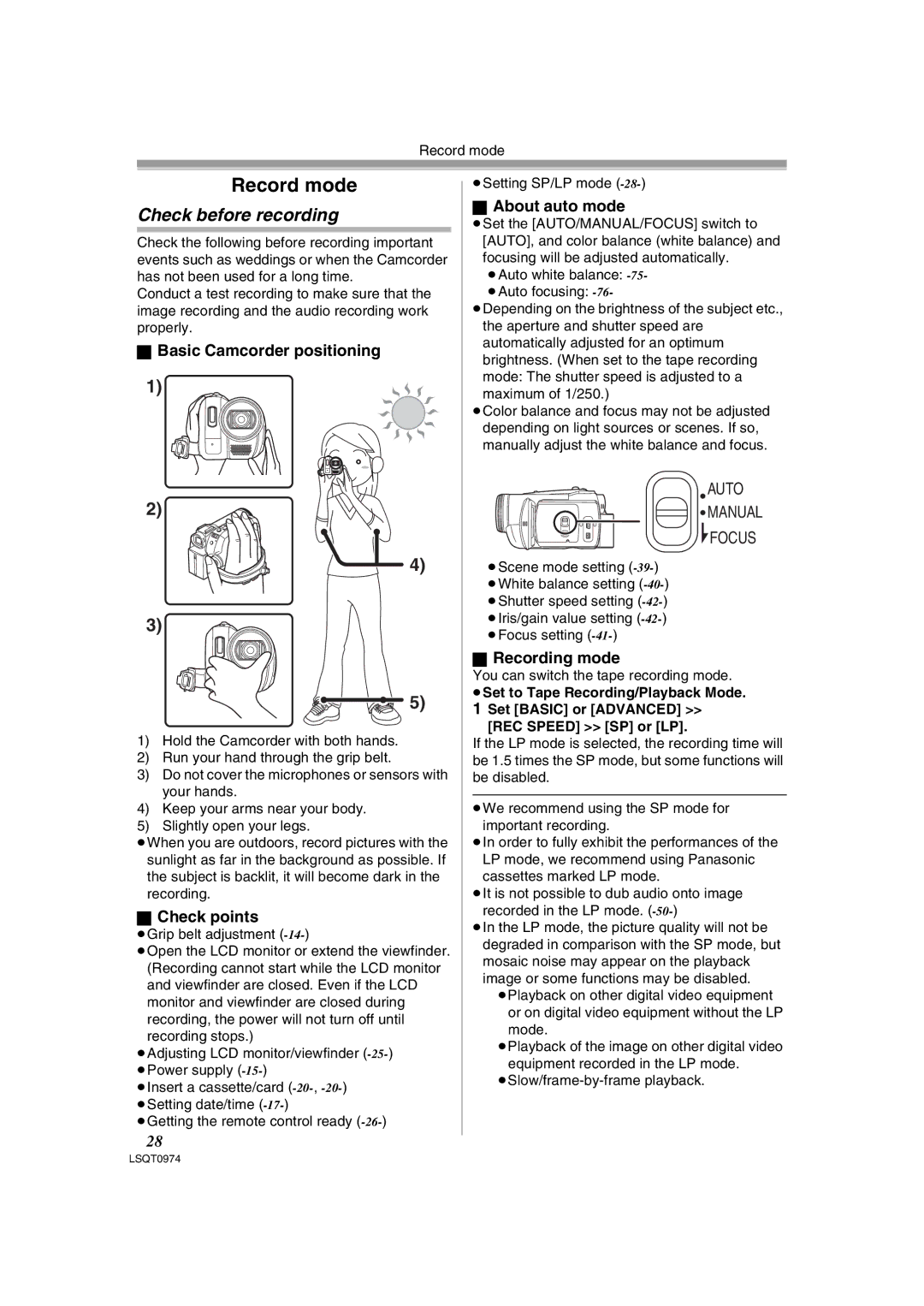 Panasonic NV-GS300B Check before recording, Basic Camcorder positioning, Check points, About auto mode, Recording mode 