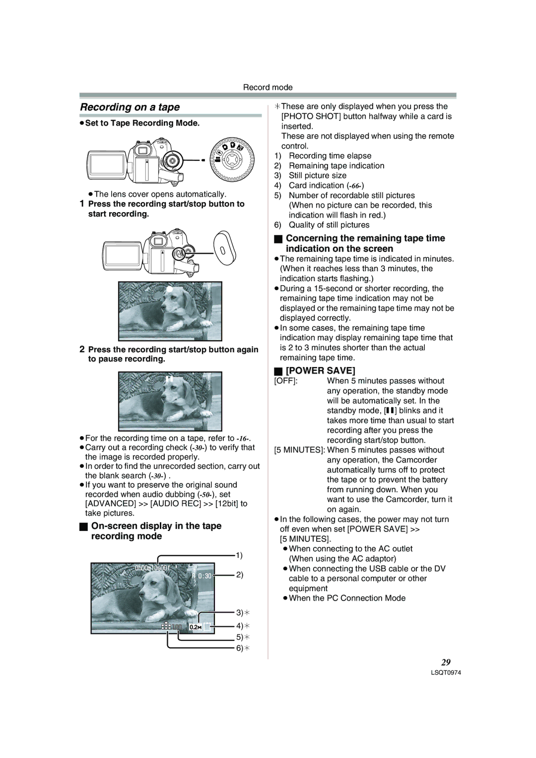 Panasonic PV-GS300, NV-GS300B Recording on a tape, On-screen display in the tape recording mode, Power Save 