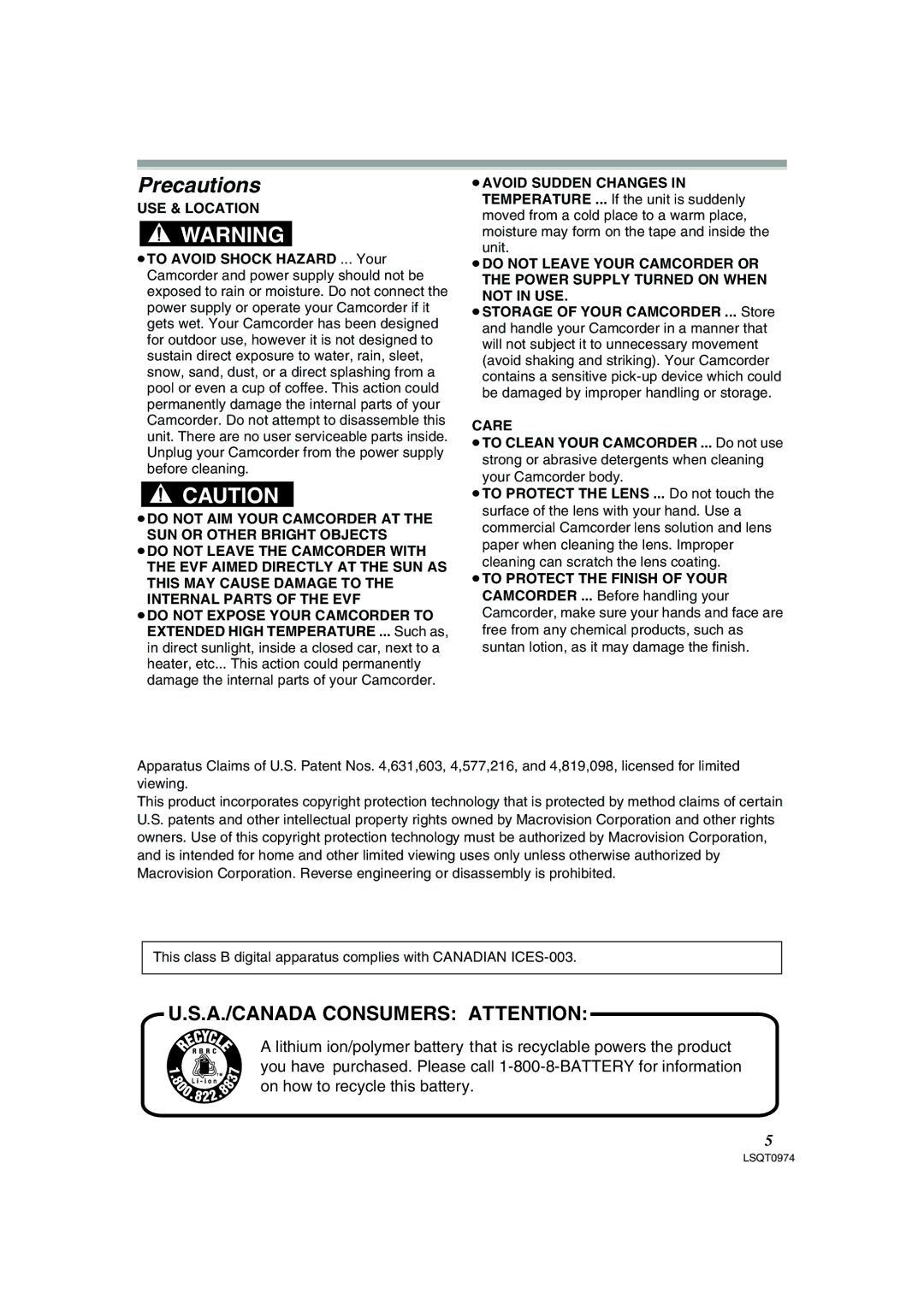 Panasonic PV-GS300, NV-GS300B operating instructions Precautions 