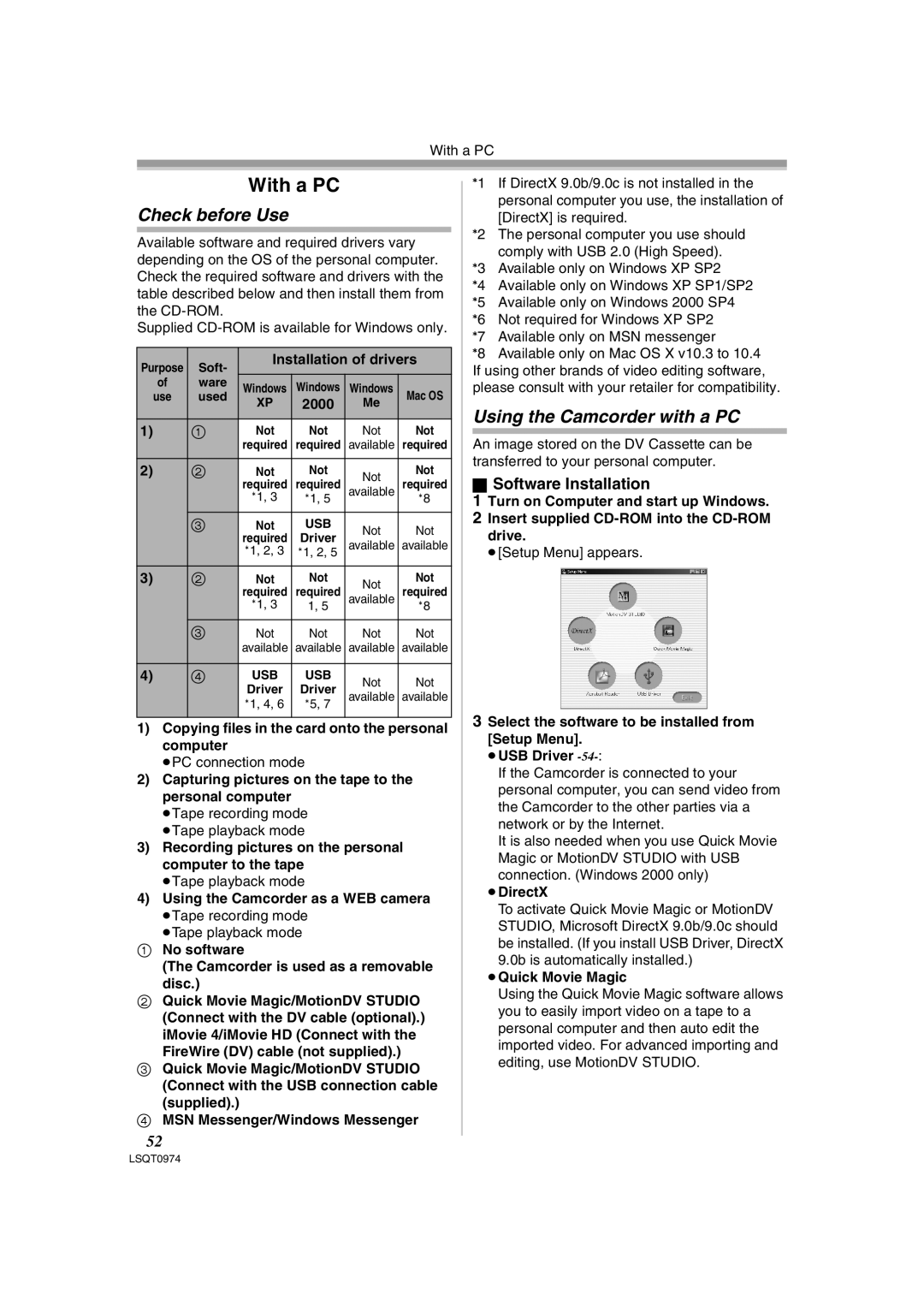 Panasonic NV-GS300B, PV-GS300 operating instructions Check before Use, Using the Camcorder with a PC, Software Installation 