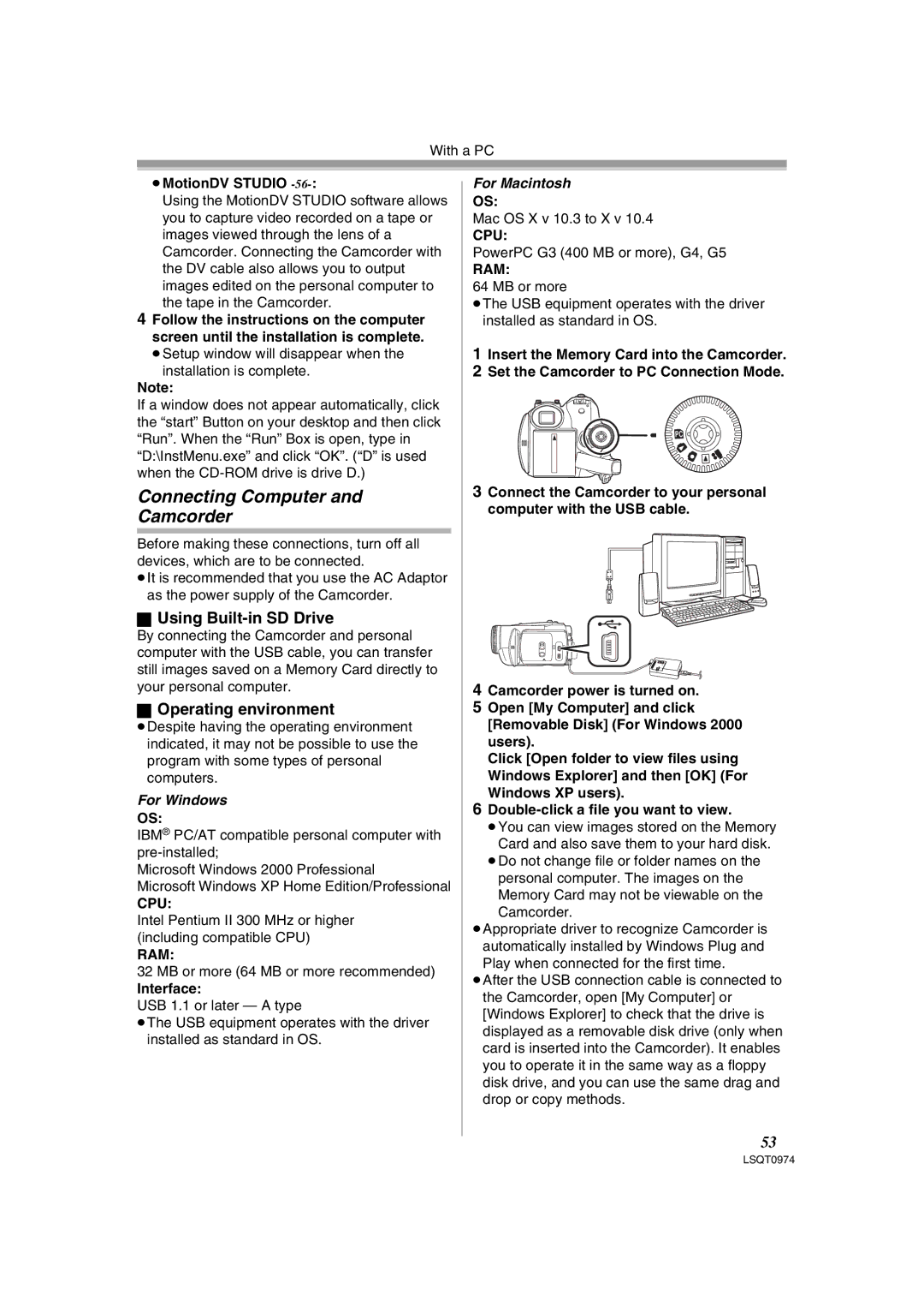 Panasonic PV-GS300 Connecting Computer Camcorder, Using Built-in SD Drive, Operating environment, ≥MotionDV Studio 