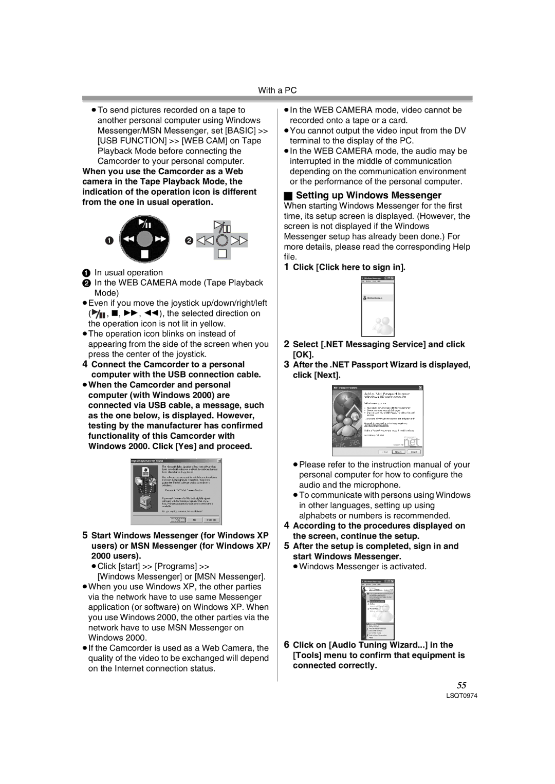 Panasonic PV-GS300, NV-GS300B Setting up Windows Messenger, Usual operation WEB Camera mode Tape Playback Mode 