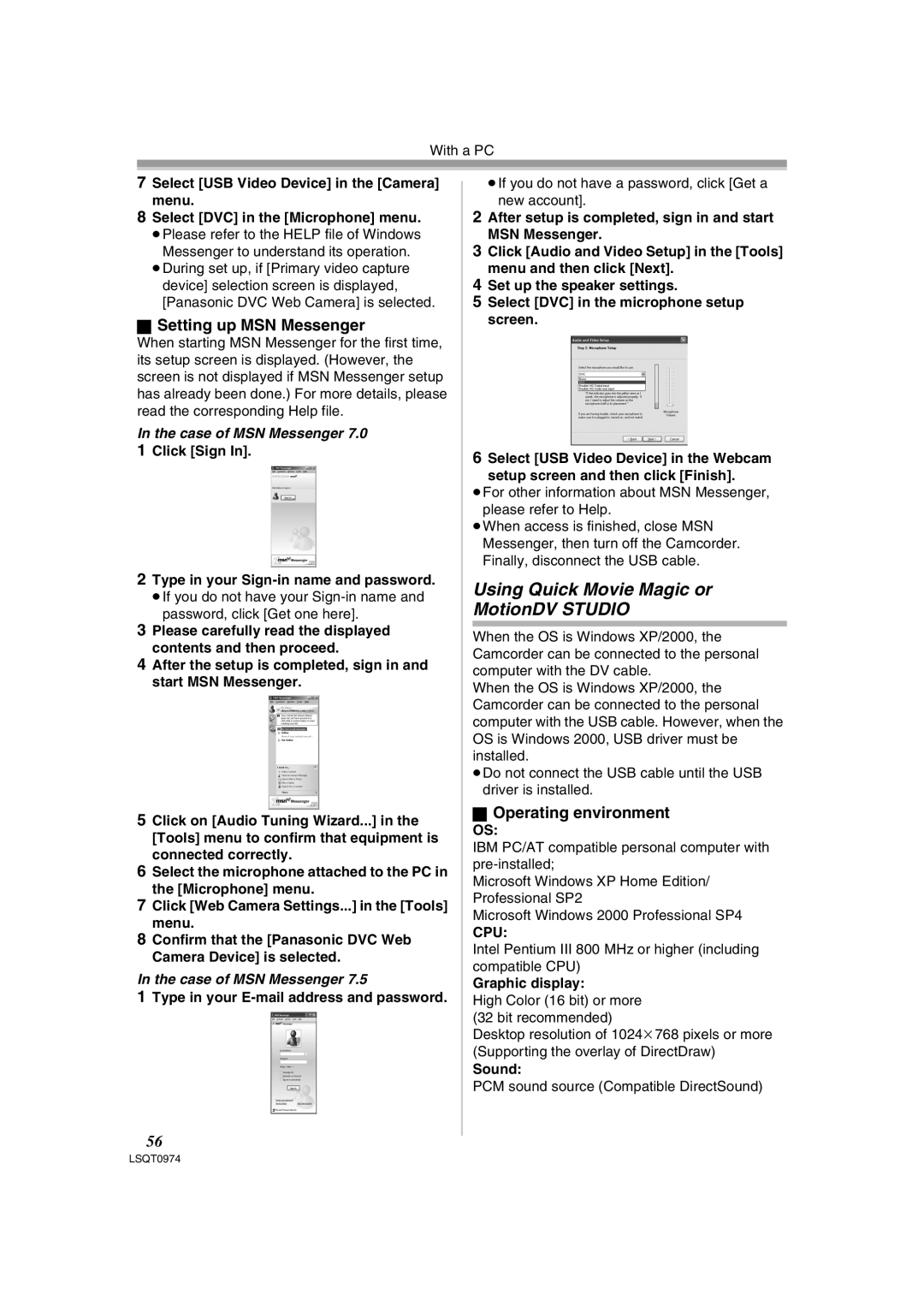 Panasonic NV-GS300B, PV-GS300 Using Quick Movie Magic or MotionDV Studio, Setting up MSN Messenger, Sound 