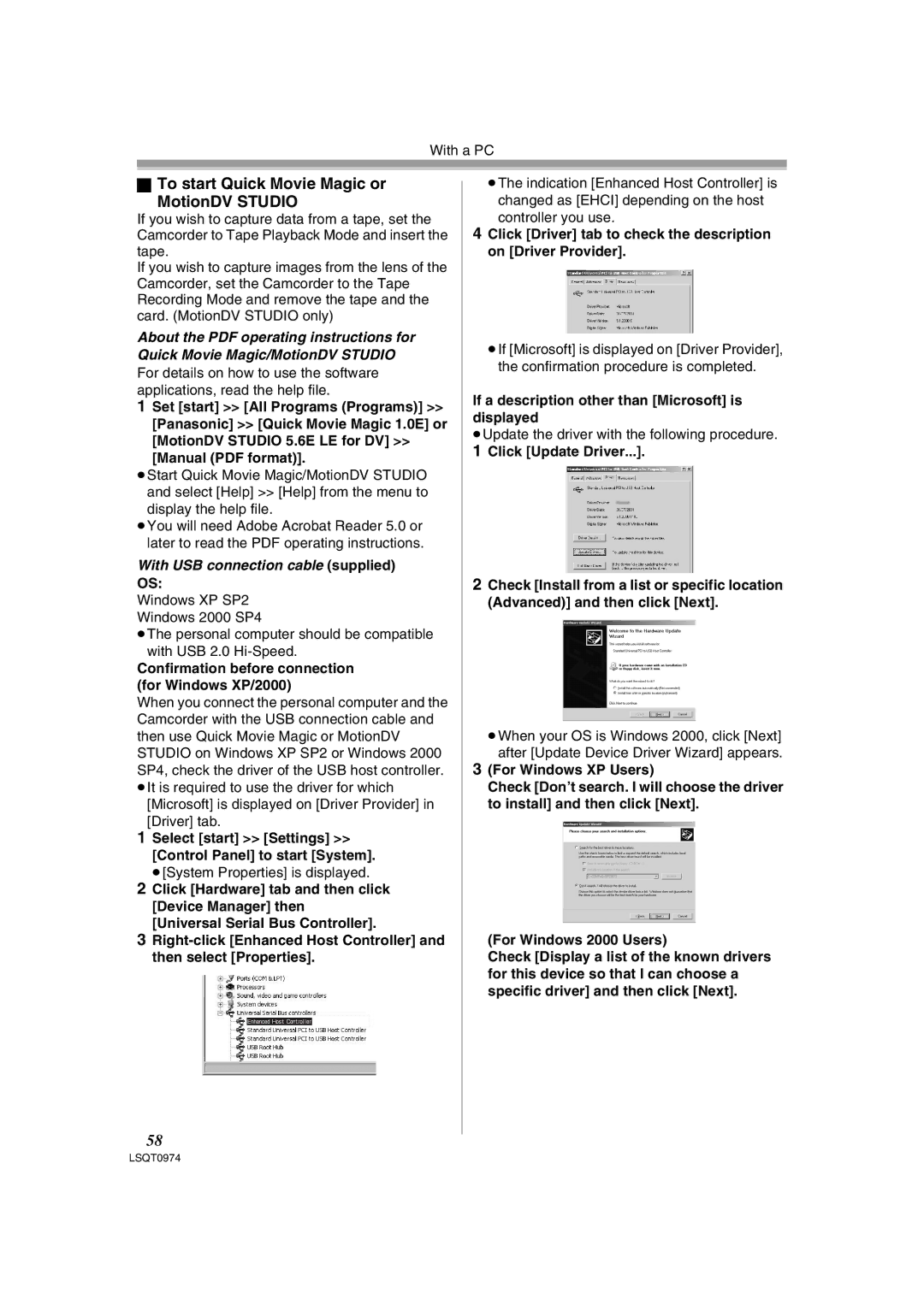 Panasonic NV-GS300B To start Quick Movie Magic or MotionDV Studio, If a description other than Microsoft is displayed 