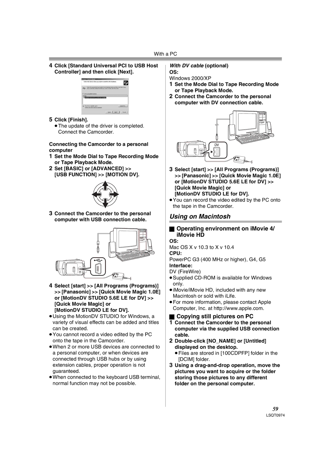 Panasonic PV-GS300, NV-GS300B Using on Macintosh, Operating environment on iMovie IMovie HD, Copying still pictures on PC 