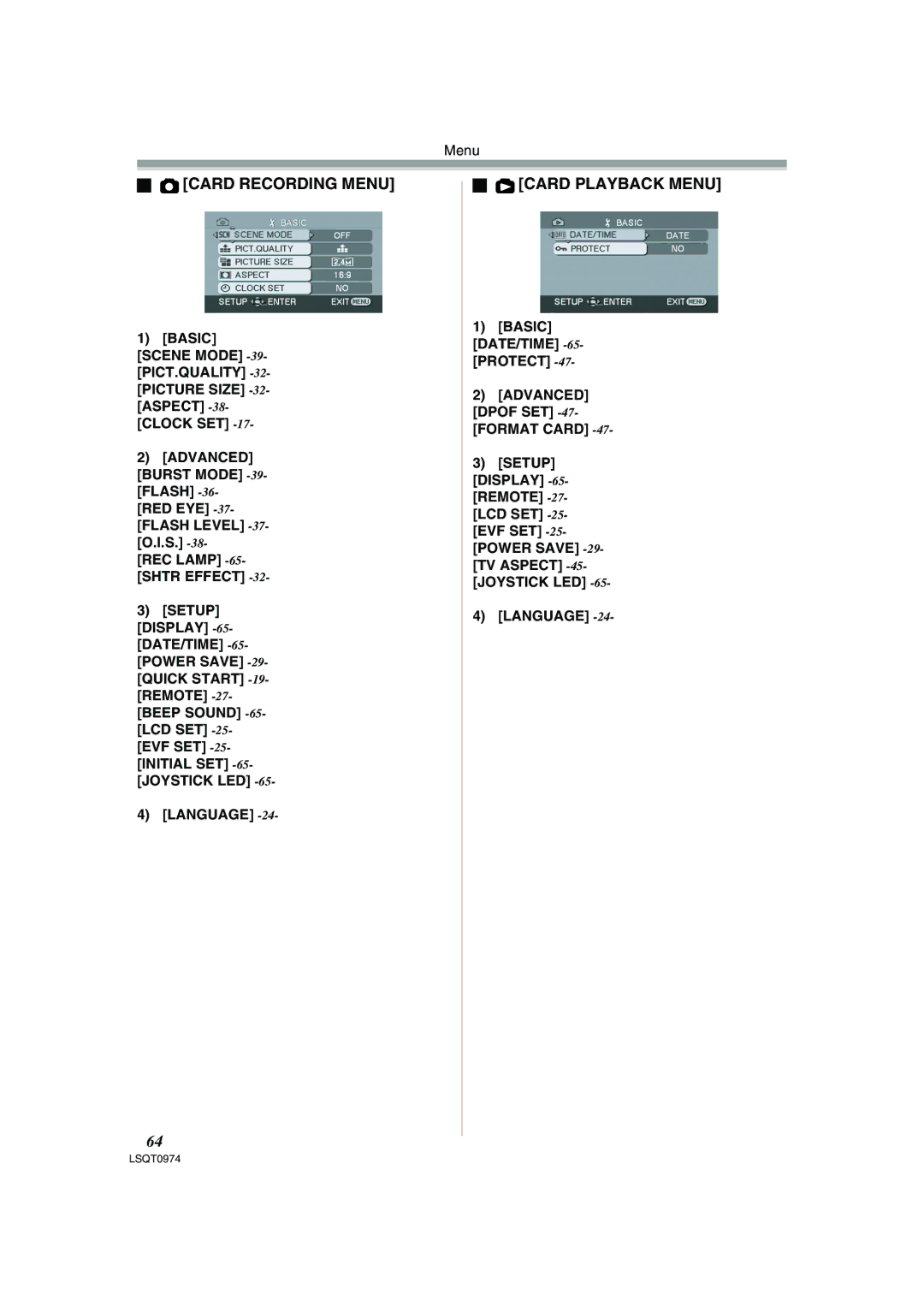 Panasonic NV-GS300B, PV-GS300 operating instructions Card Recording Menu, Card Playback Menu, Basic DATE/TIME -65-PROTECT 