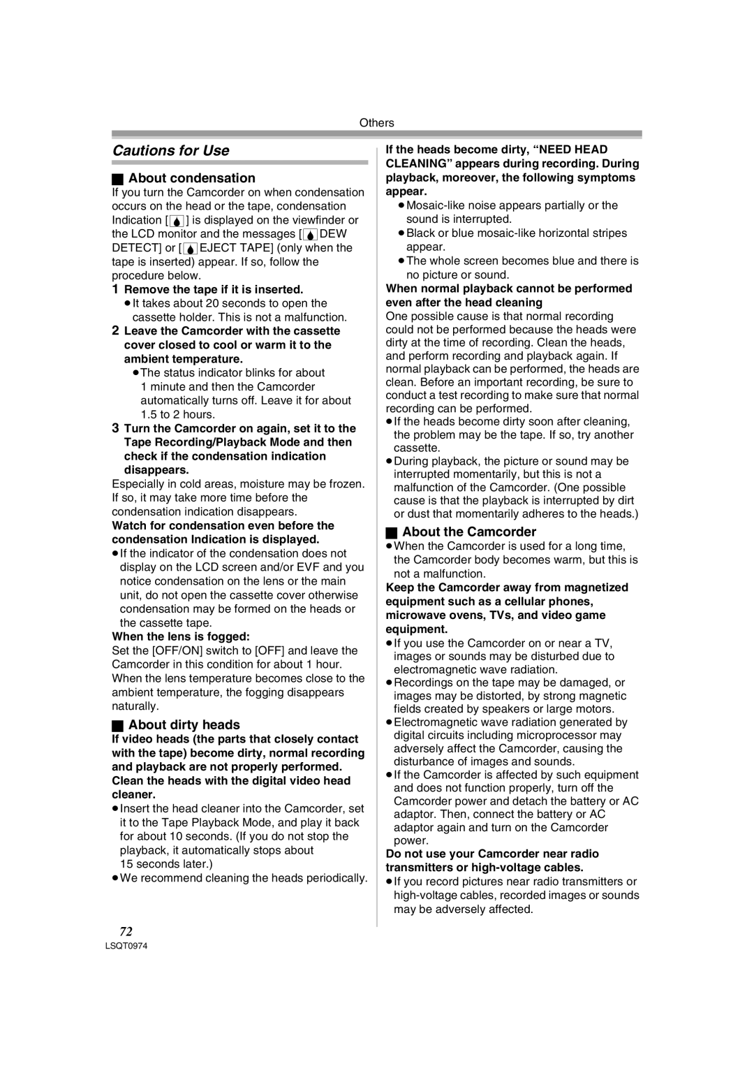 Panasonic NV-GS300B, PV-GS300 operating instructions About condensation, About dirty heads, About the Camcorder 