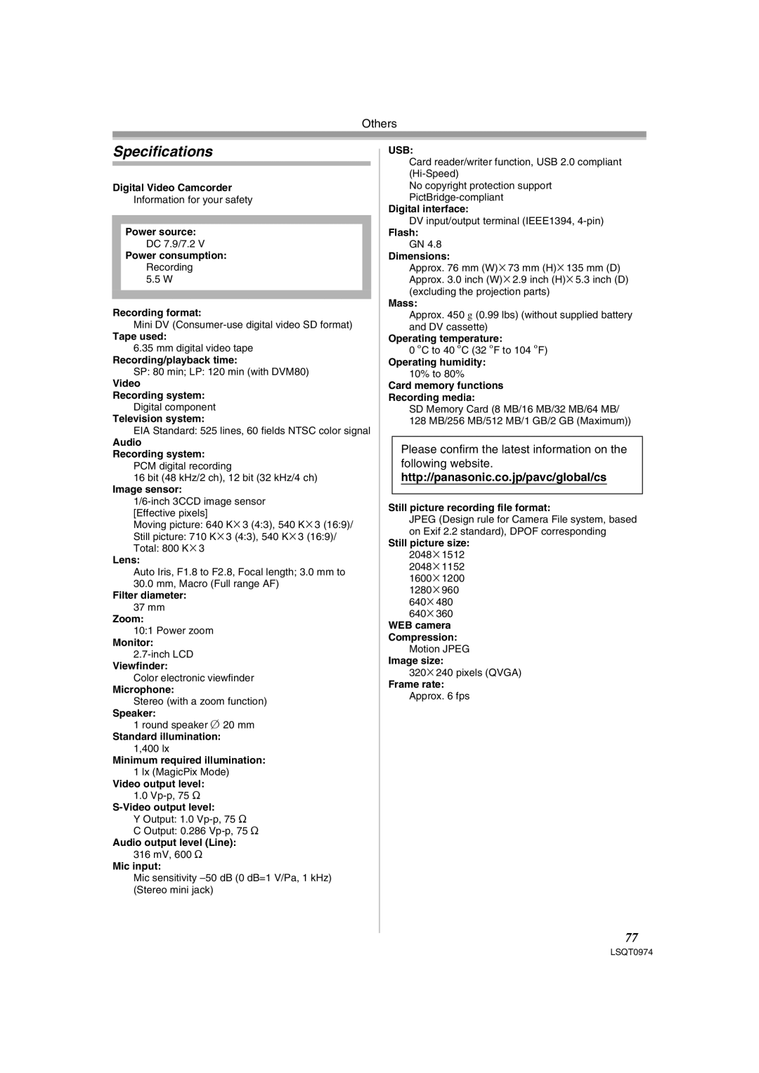 Panasonic PV-GS300, NV-GS300B operating instructions Specifications, Http//panasonic.co.jp/pavc/global/cs 