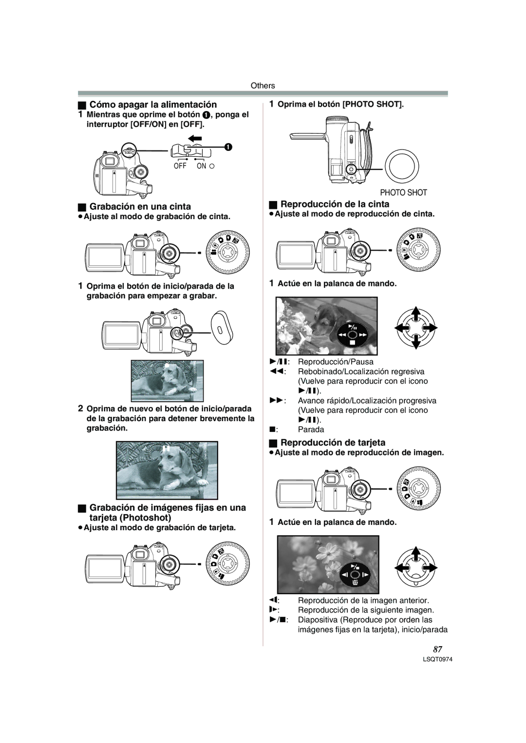 Panasonic PV-GS300 Cómo apagar la alimentación, Grabación en una cinta, Reproducción de la cinta, Reproducción de tarjeta 