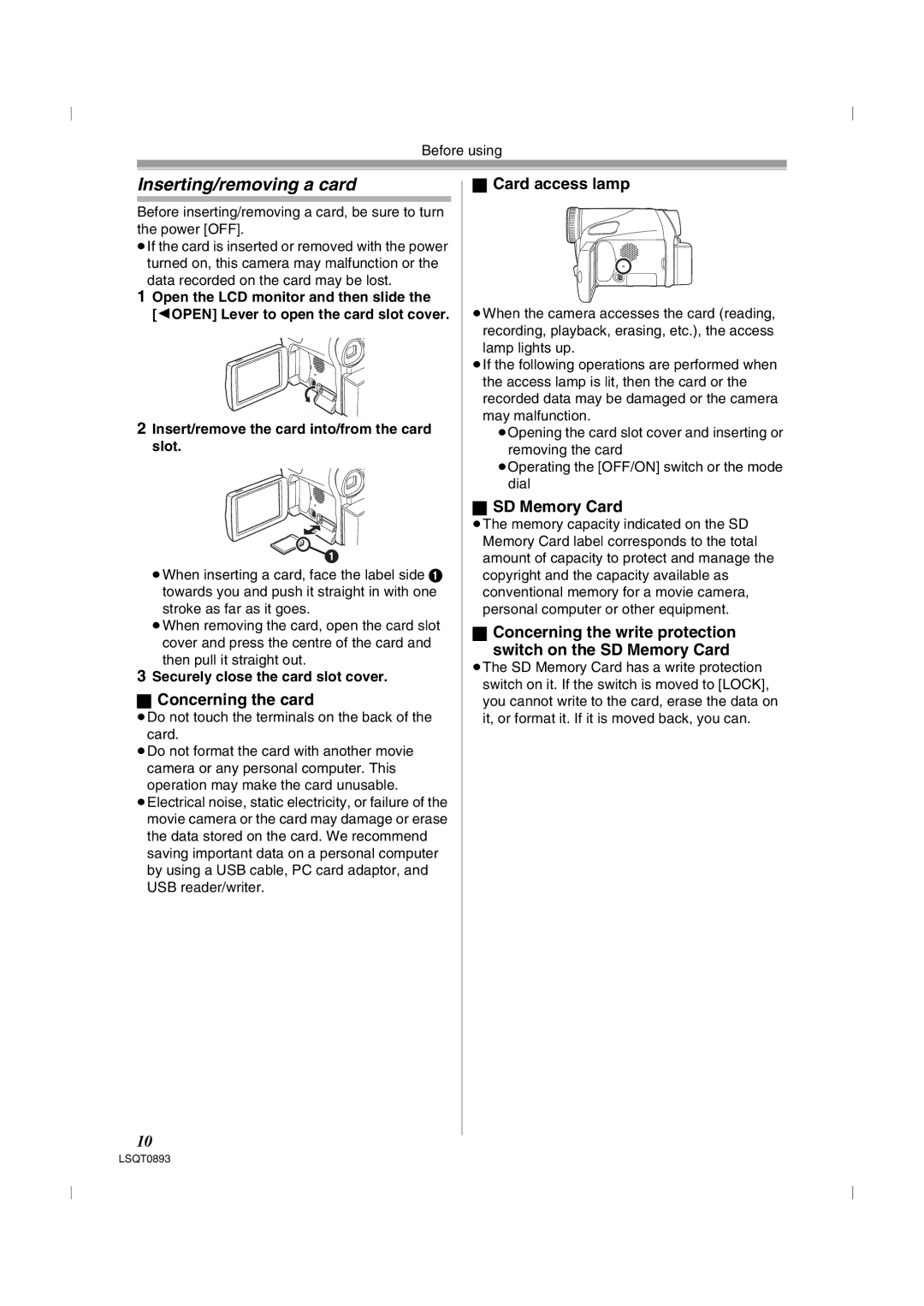 Panasonic NV-GS35GN, NV-GS25GN Inserting/removing a card, Concerning the card, Card access lamp, SD Memory Card 