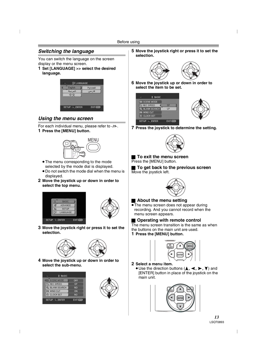 Panasonic NV-GS25GN, NV-GS35GN operating instructions Switching the language, Using the menu screen 