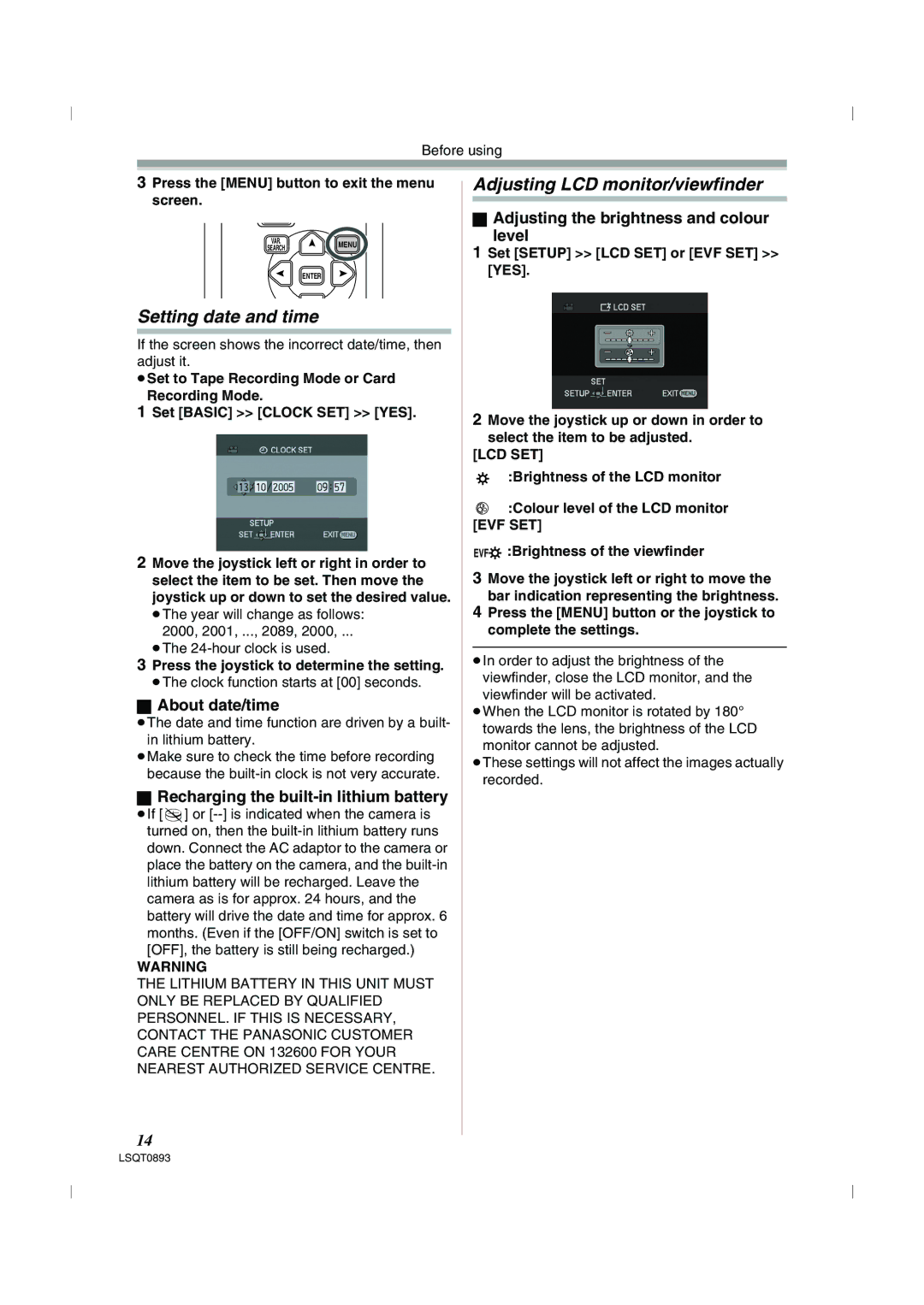 Panasonic NV-GS35GN, NV-GS25GN Setting date and time, Adjusting LCD monitor/viewfinder, About date/time 