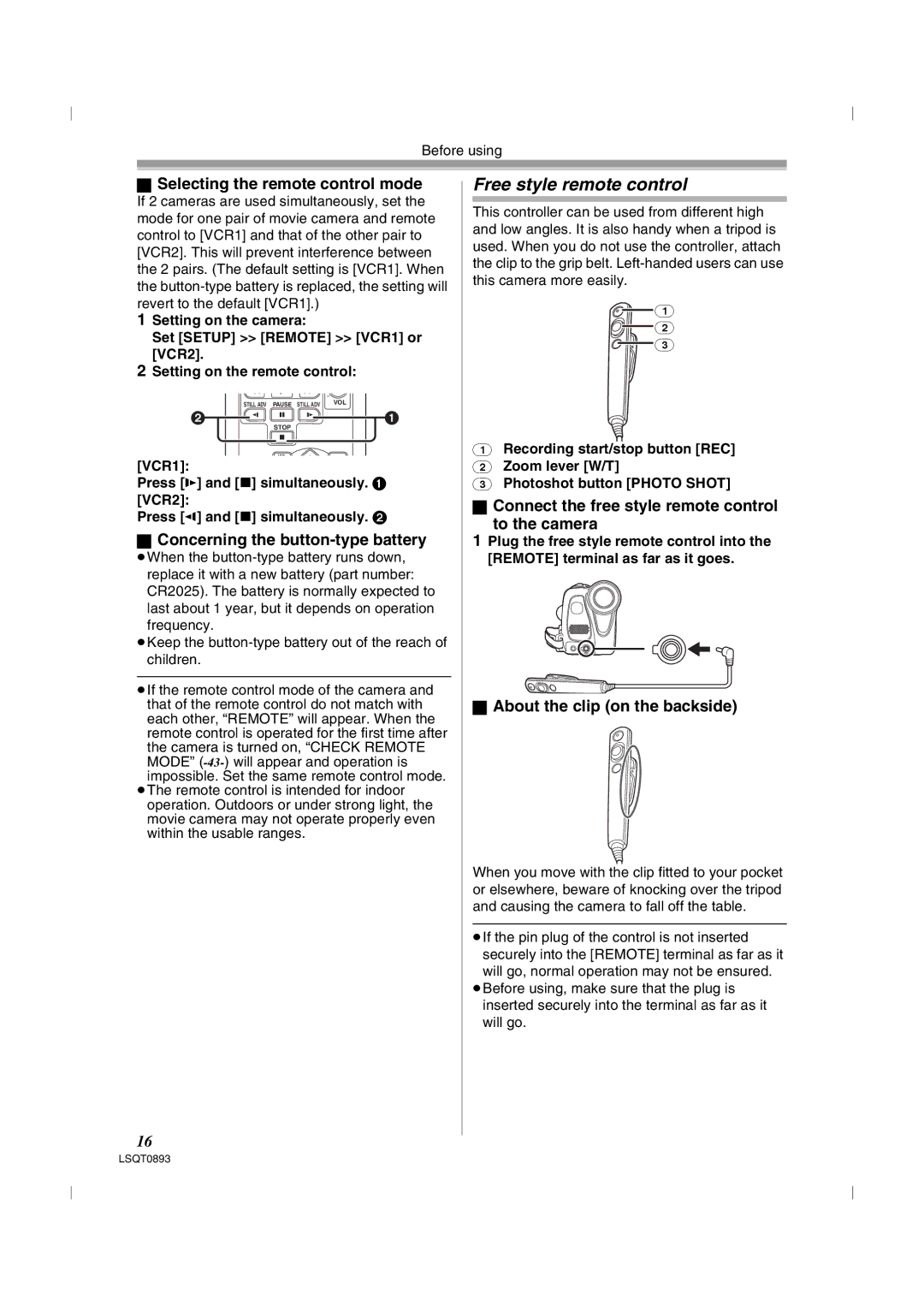 Panasonic NV-GS35GN Free style remote control, Selecting the remote control mode, Concerning the button-type battery 