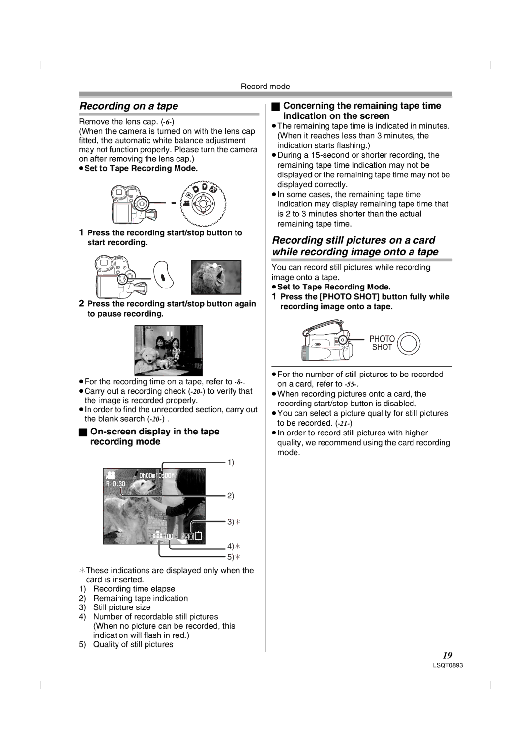 Panasonic NV-GS25GN, NV-GS35GN operating instructions Recording on a tape, On-screen display in the tape recording mode 