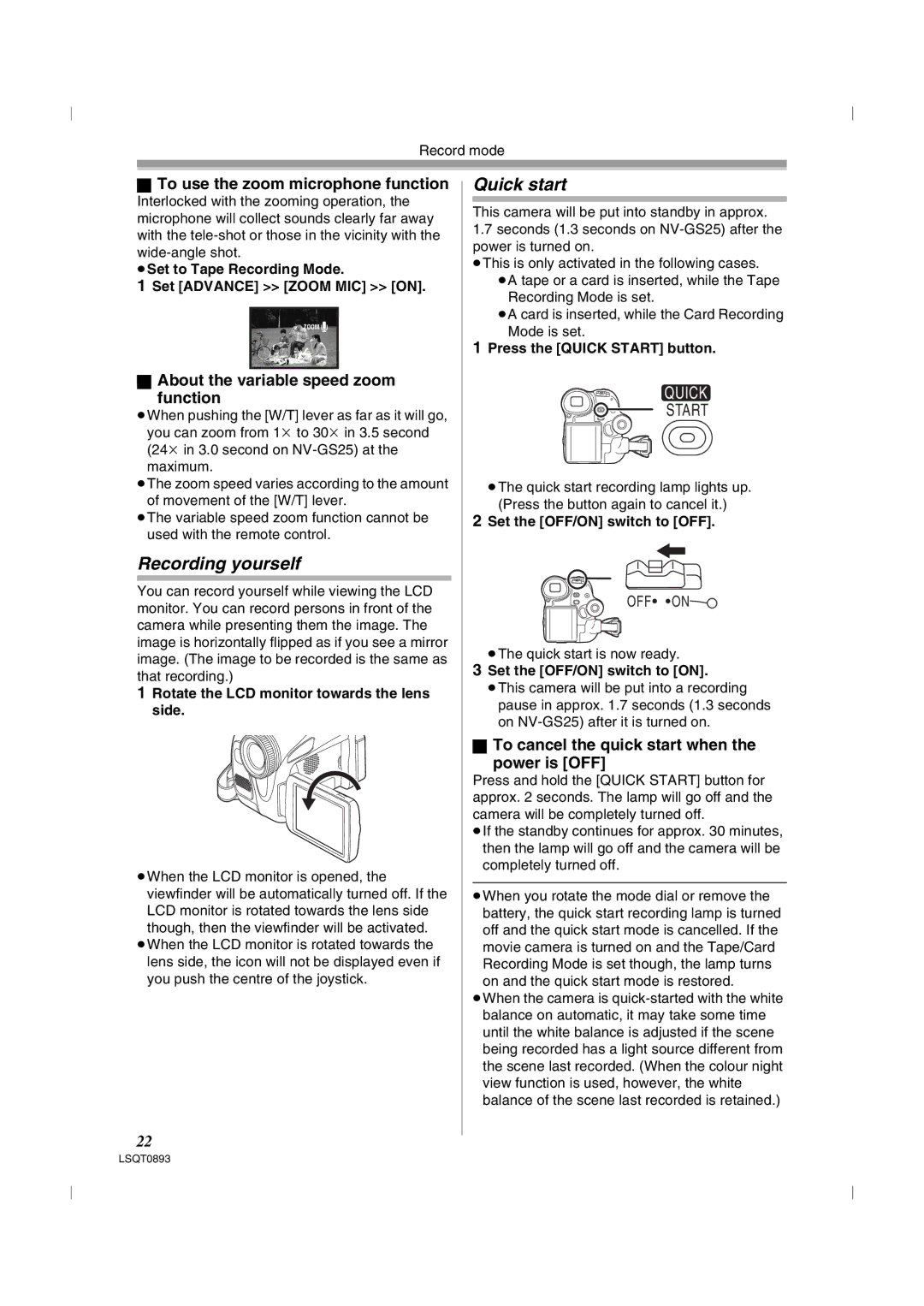 Panasonic NV-GS35GN, NV-GS25GN operating instructions Recording yourself, Quick start, To use the zoom microphone function 