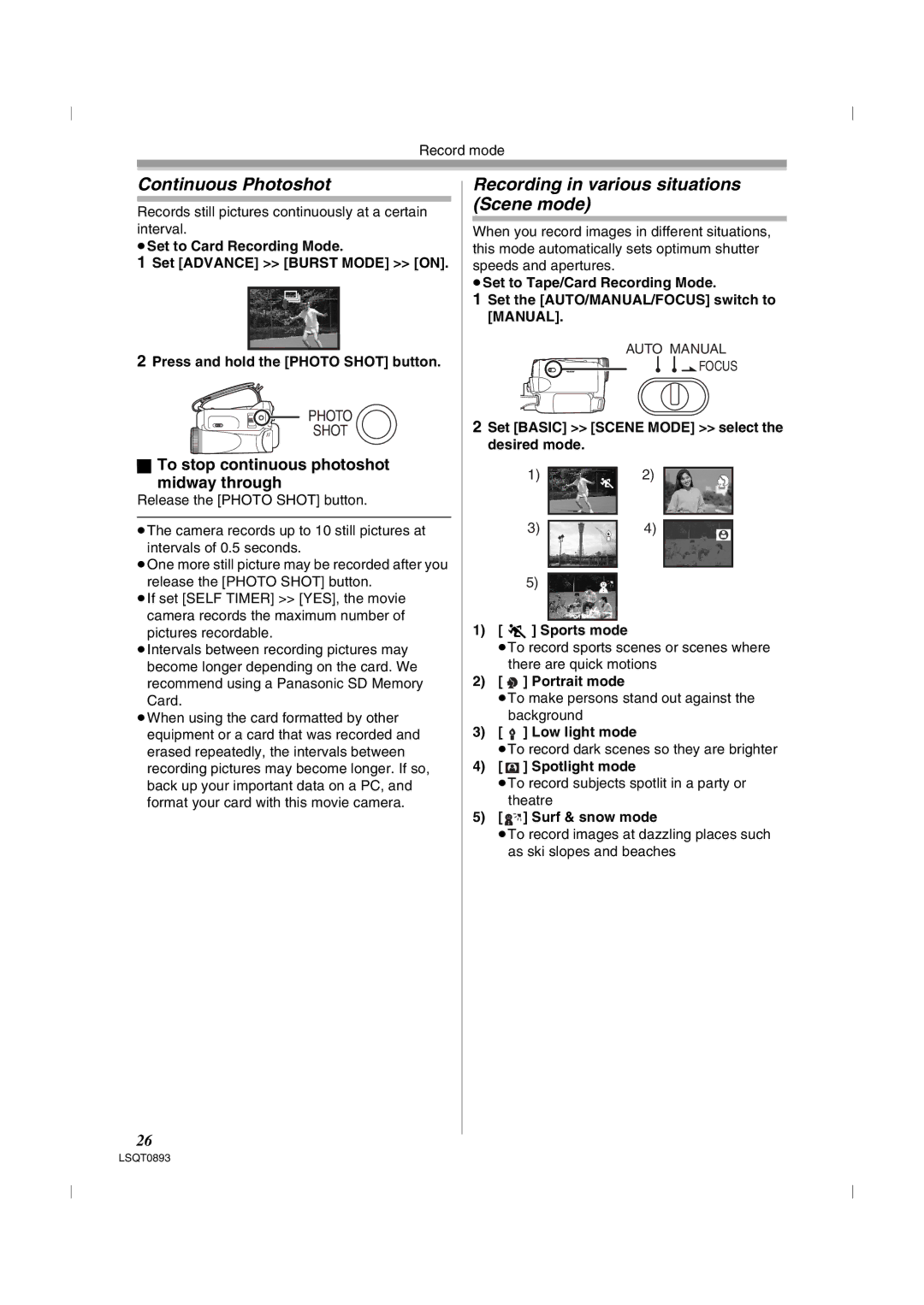 Panasonic NV-GS35GN, NV-GS25GN operating instructions Continuous Photoshot, Recording in various situations Scene mode 