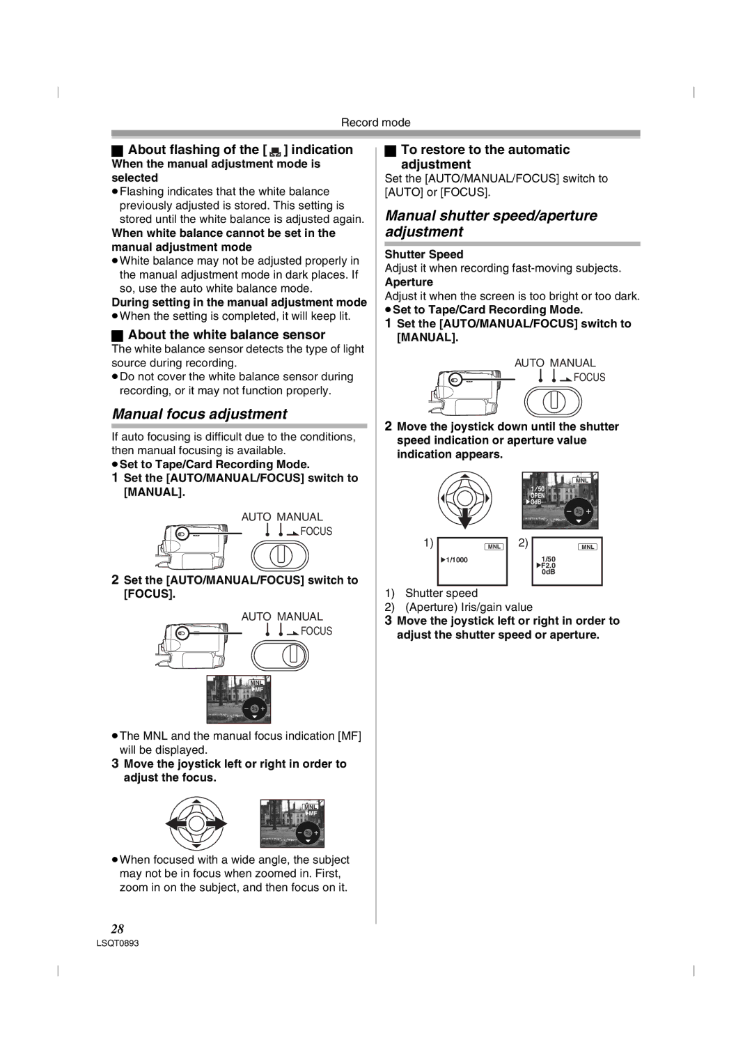 Panasonic NV-GS35GN Manual focus adjustment, Manual shutter speed/aperture adjustment, About flashing of the indication 