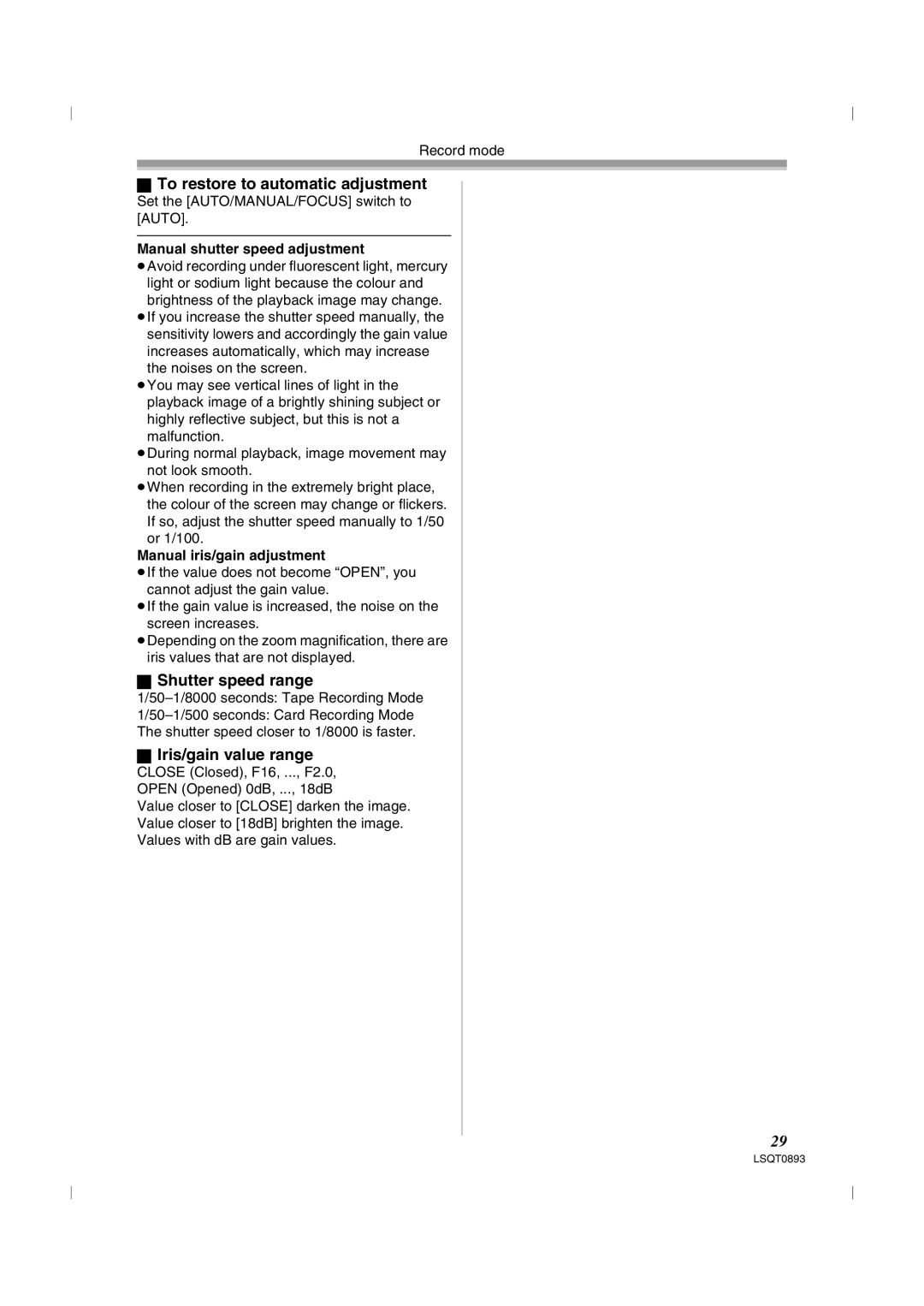 Panasonic NV-GS25GN, NV-GS35GN To restore to automatic adjustment, Shutter speed range, Iris/gain value range 