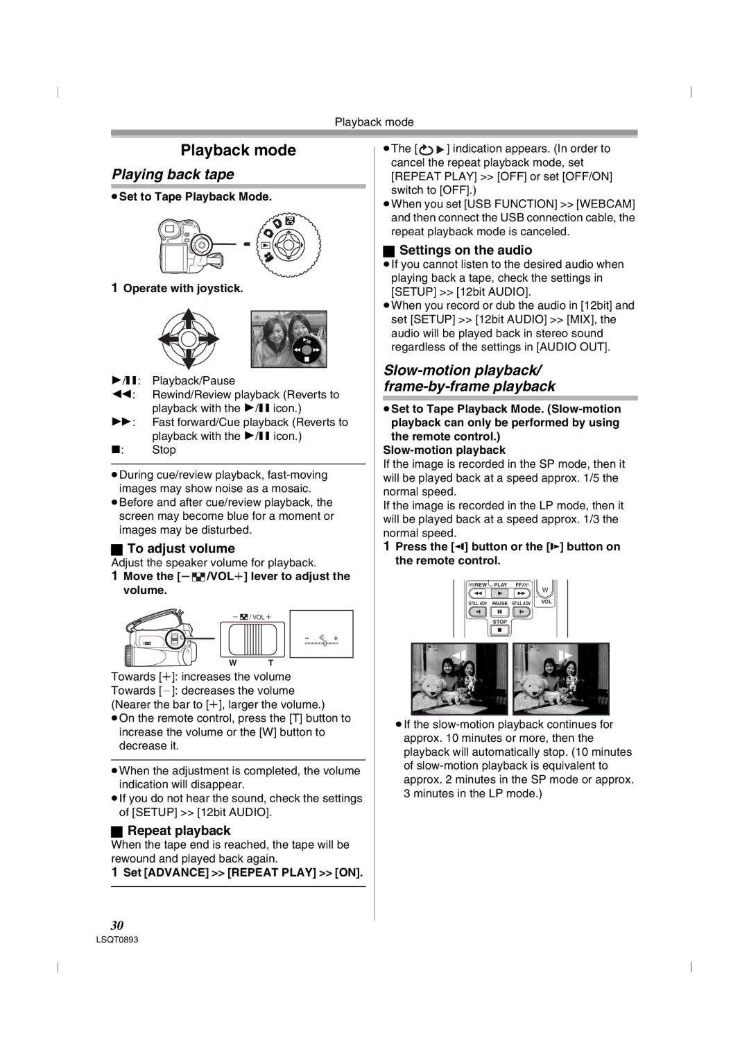 Panasonic NV-GS35GN, NV-GS25GN Playback mode, Playing back tape, Slow-motion playback/ frame-by-frame playback 