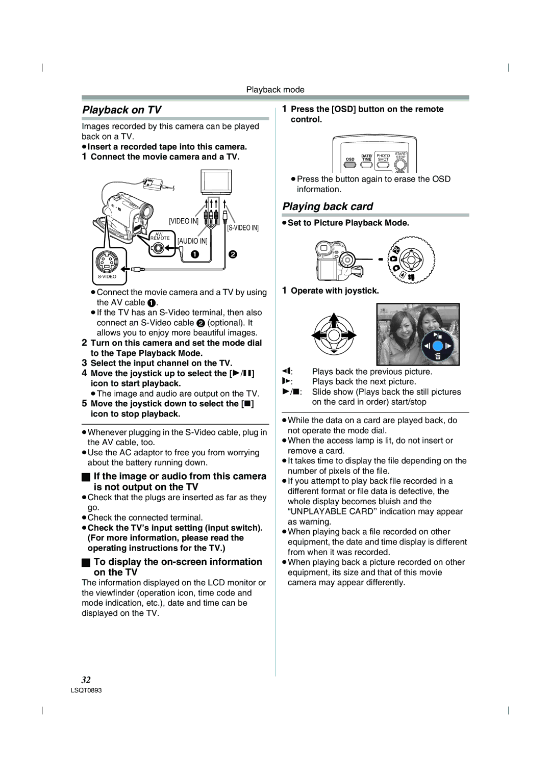 Panasonic NV-GS35GN, NV-GS25GN Playback on TV, Playing back card, To display the on-screen information On the TV 