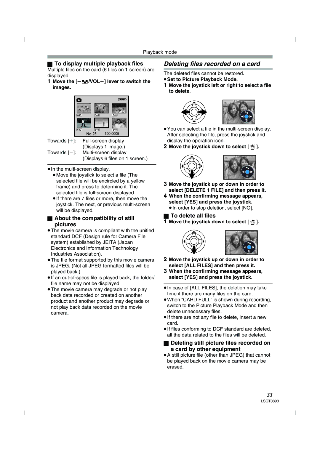 Panasonic NV-GS25GN, NV-GS35GN Deleting files recorded on a card, To display multiple playback files, To delete all files 