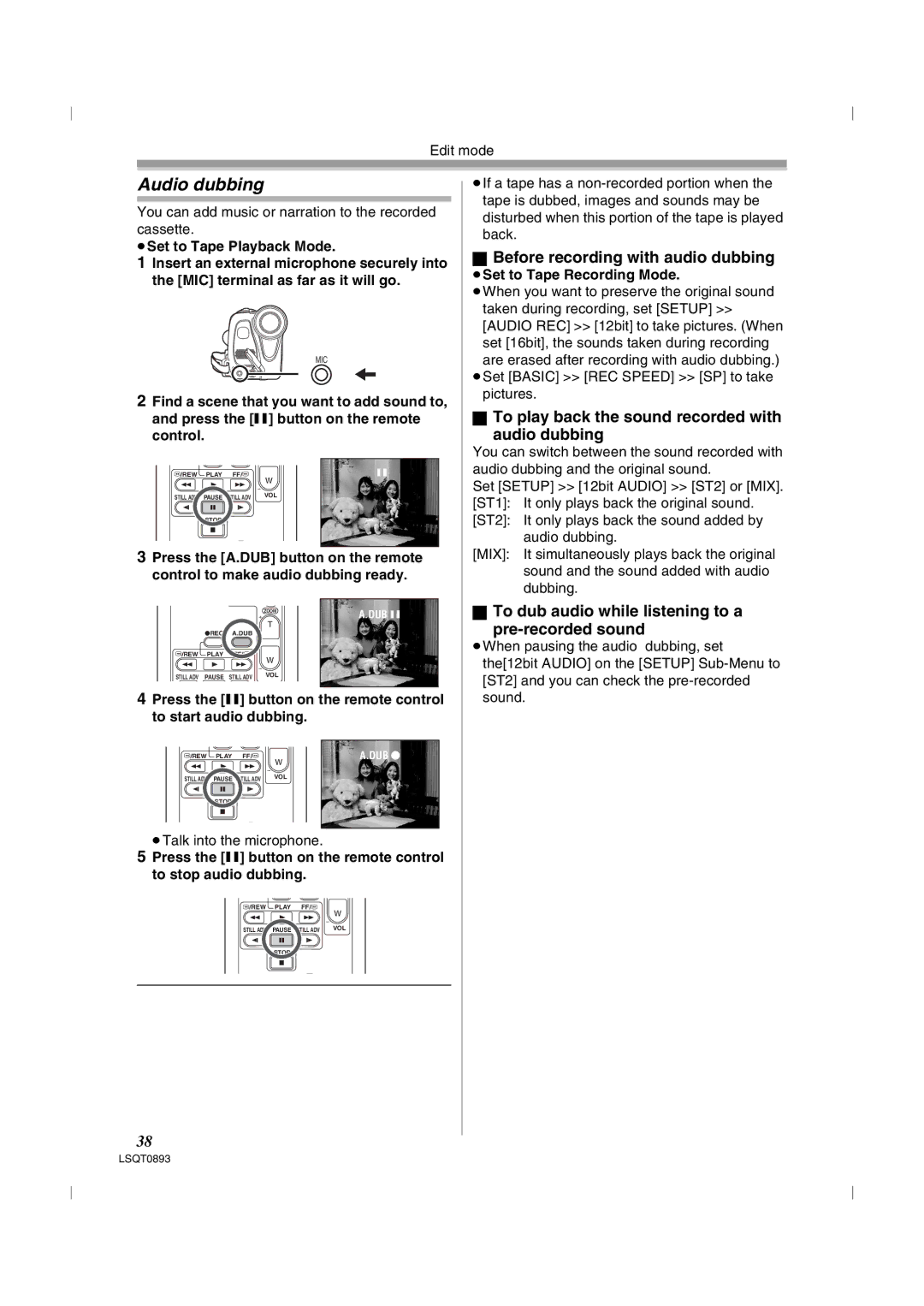 Panasonic NV-GS35GN, NV-GS25GN Before recording with audio dubbing, To play back the sound recorded with Audio dubbing 