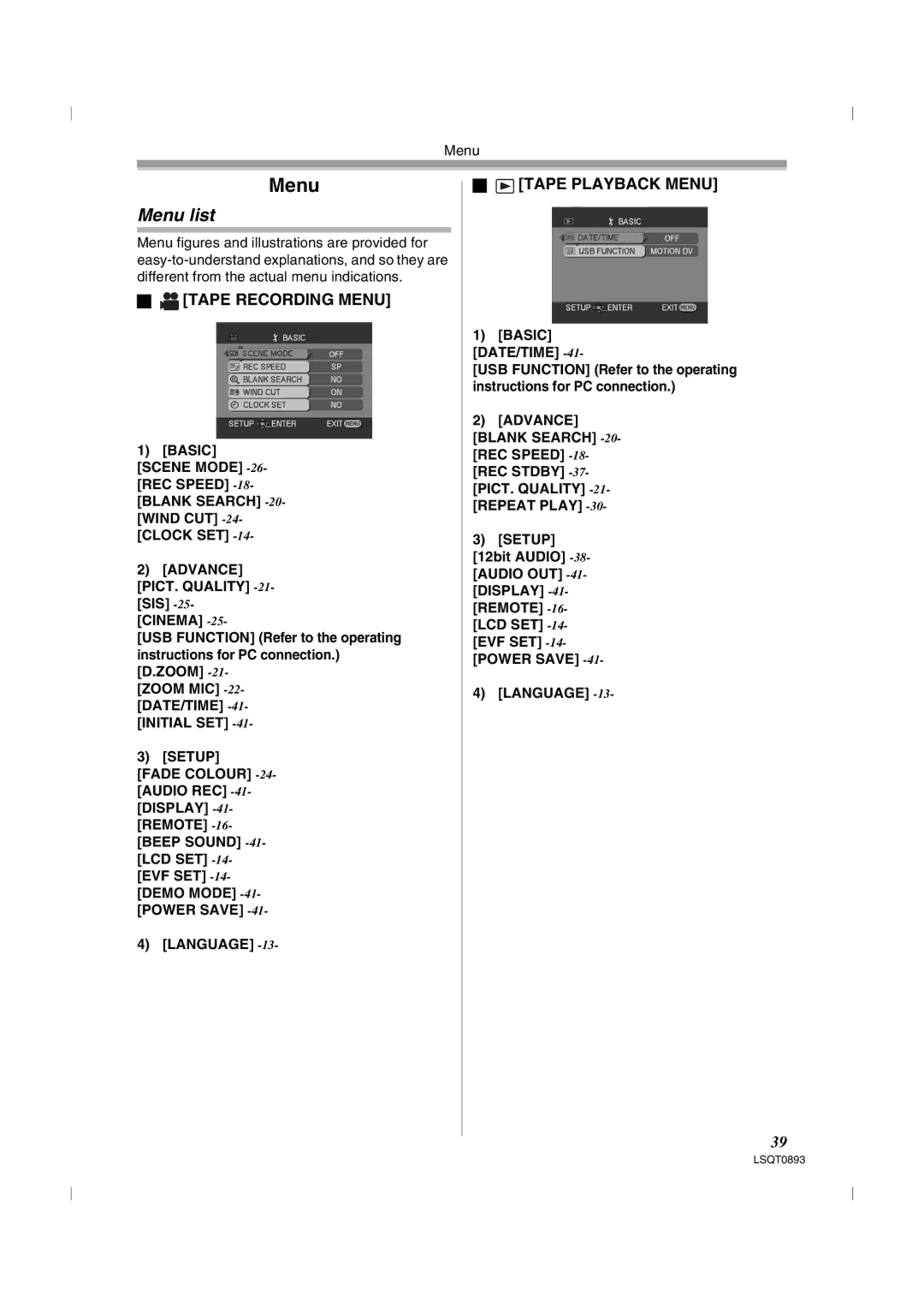 Panasonic NV-GS25GN, NV-GS35GN operating instructions Menu list, Tape Recording Menu, Tape Playback Menu 