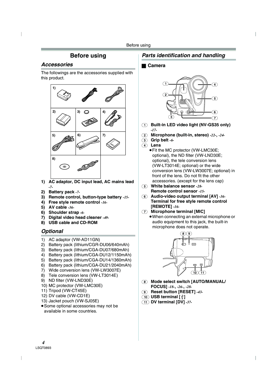 Panasonic NV-GS35GN, NV-GS25GN Before using, Accessories, Optional, Parts identification and handling, Camera 