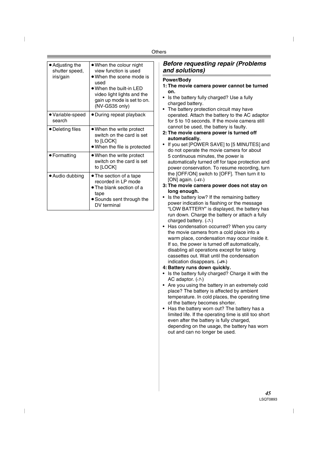 Panasonic NV-GS25GN Before requesting repair Problems and solutions, Power/Body Movie camera power cannot be turned on 