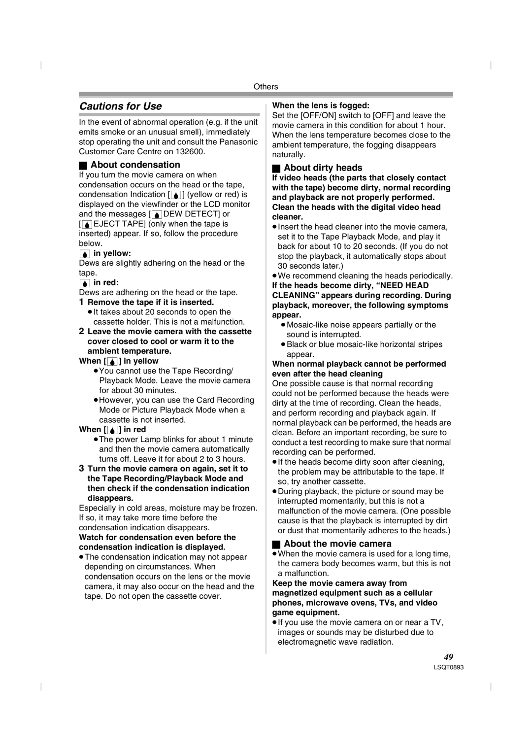 Panasonic NV-GS25GN, NV-GS35GN operating instructions About condensation, About dirty heads, About the movie camera 