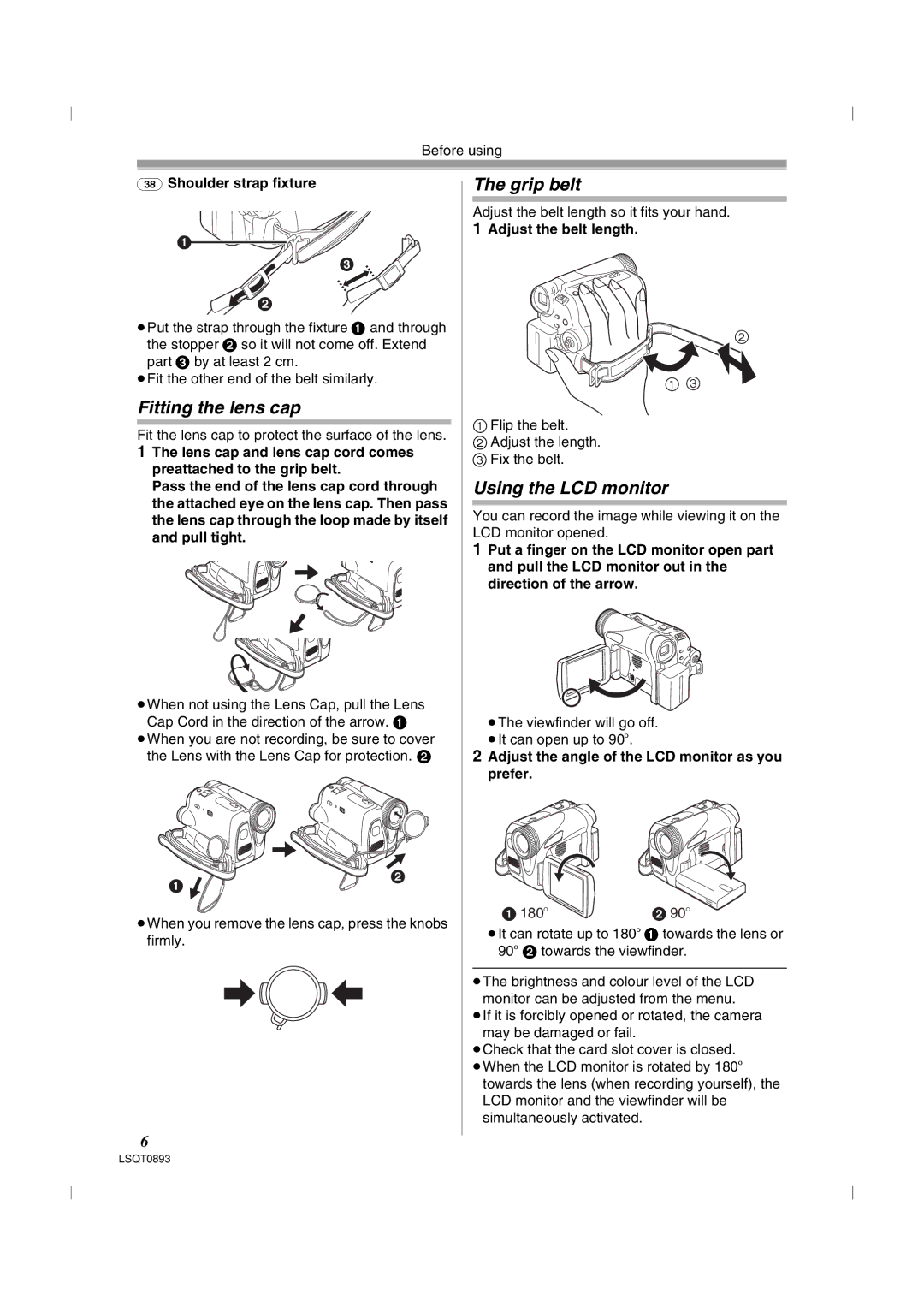 Panasonic NV-GS35GN Fitting the lens cap, Grip belt, Using the LCD monitor, Shoulder strap fixture, Adjust the belt length 