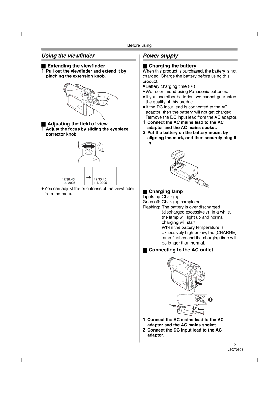 Panasonic NV-GS25GN, NV-GS35GN operating instructions Using the viewfinder, Power supply 