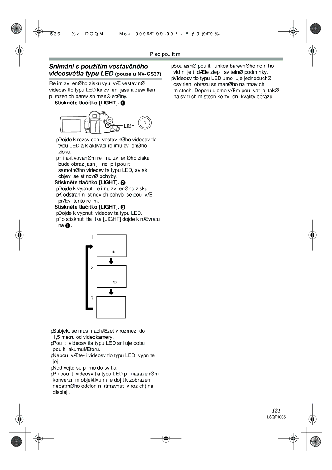 Panasonic NV-GS37EP operating instructions 121, Stiskněte tlačítko Light 