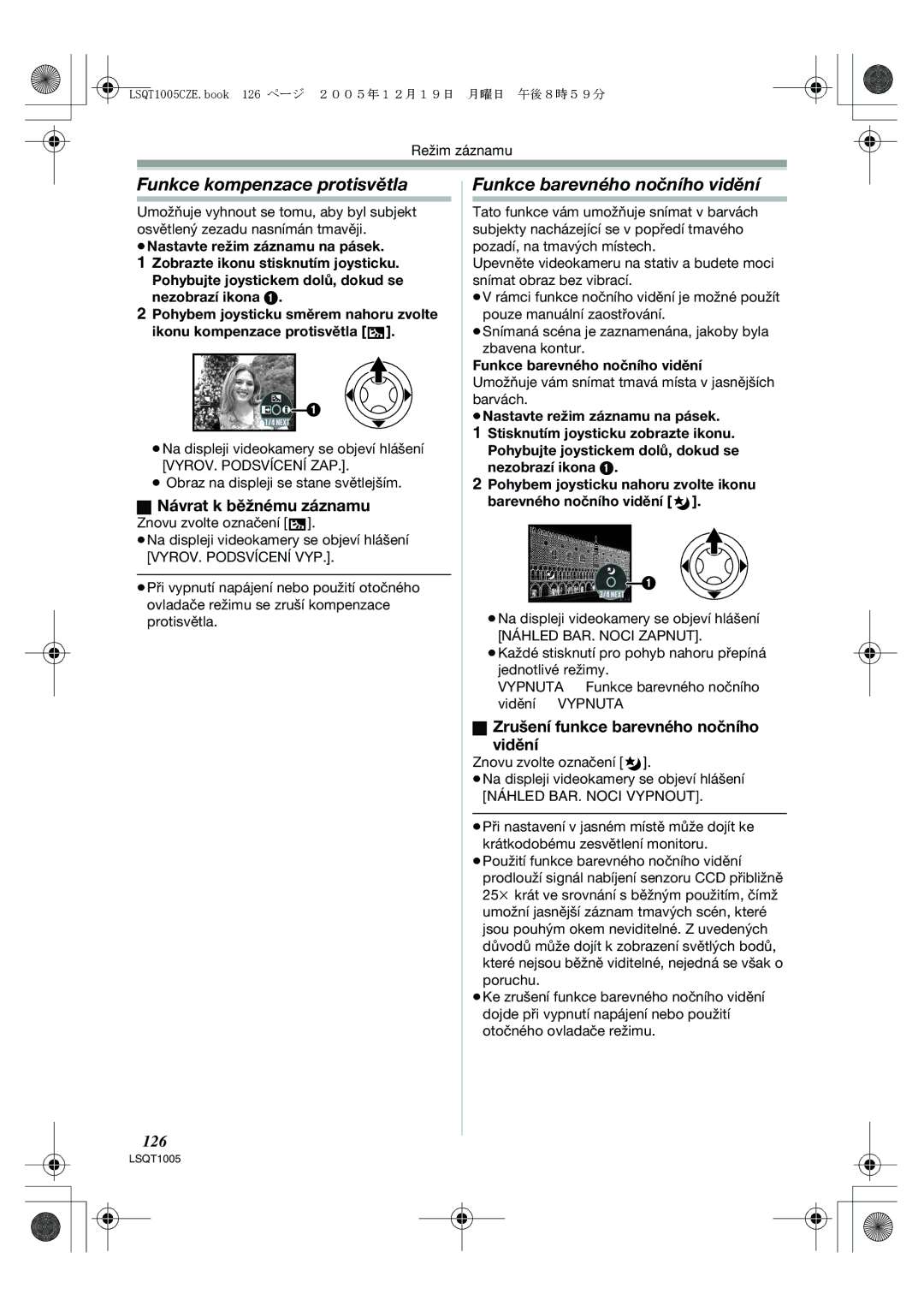 Panasonic NV-GS37EP operating instructions Funkce kompenzace protisvětla, Funkce barevného nočního vidění, 126 