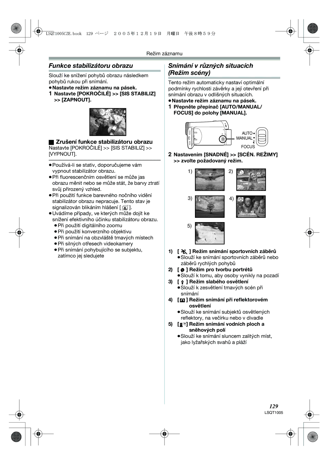 Panasonic NV-GS37EP operating instructions Funkce stabilizátoru obrazu, Snímání v různých situacích Režim scény, 129 