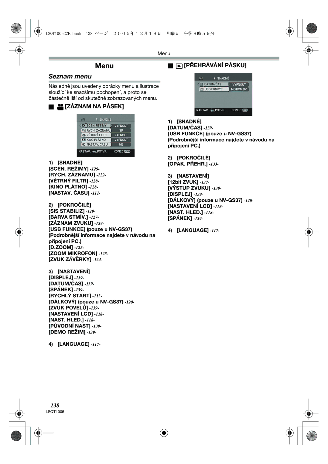 Panasonic NV-GS37EP operating instructions Menu, Seznam menu, Záznam NA Pásek, Přehrávání Pásku, 138 