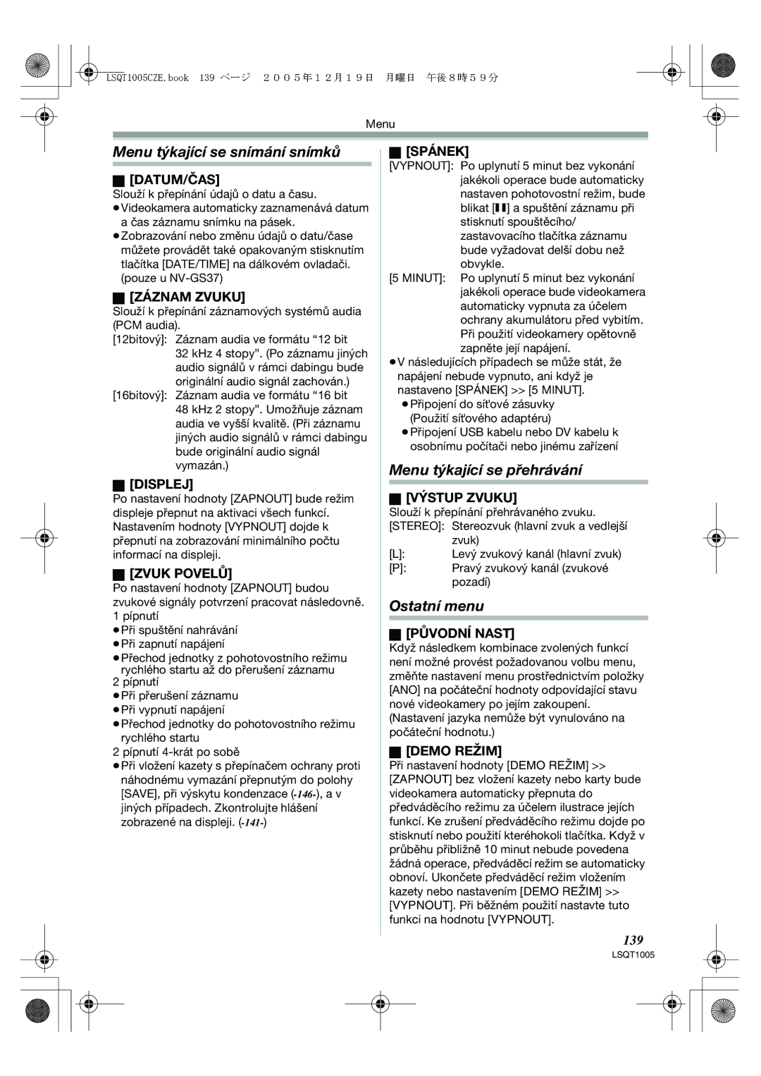 Panasonic NV-GS37EP operating instructions Menu týkající se snímání snímků, Menu týkající se přehrávání, Ostatní menu 