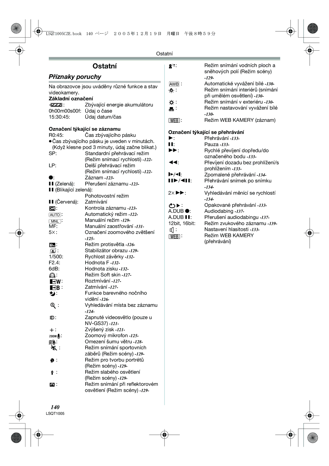 Panasonic NV-GS37EP operating instructions Ostatní, Příznaky poruchy, 140 