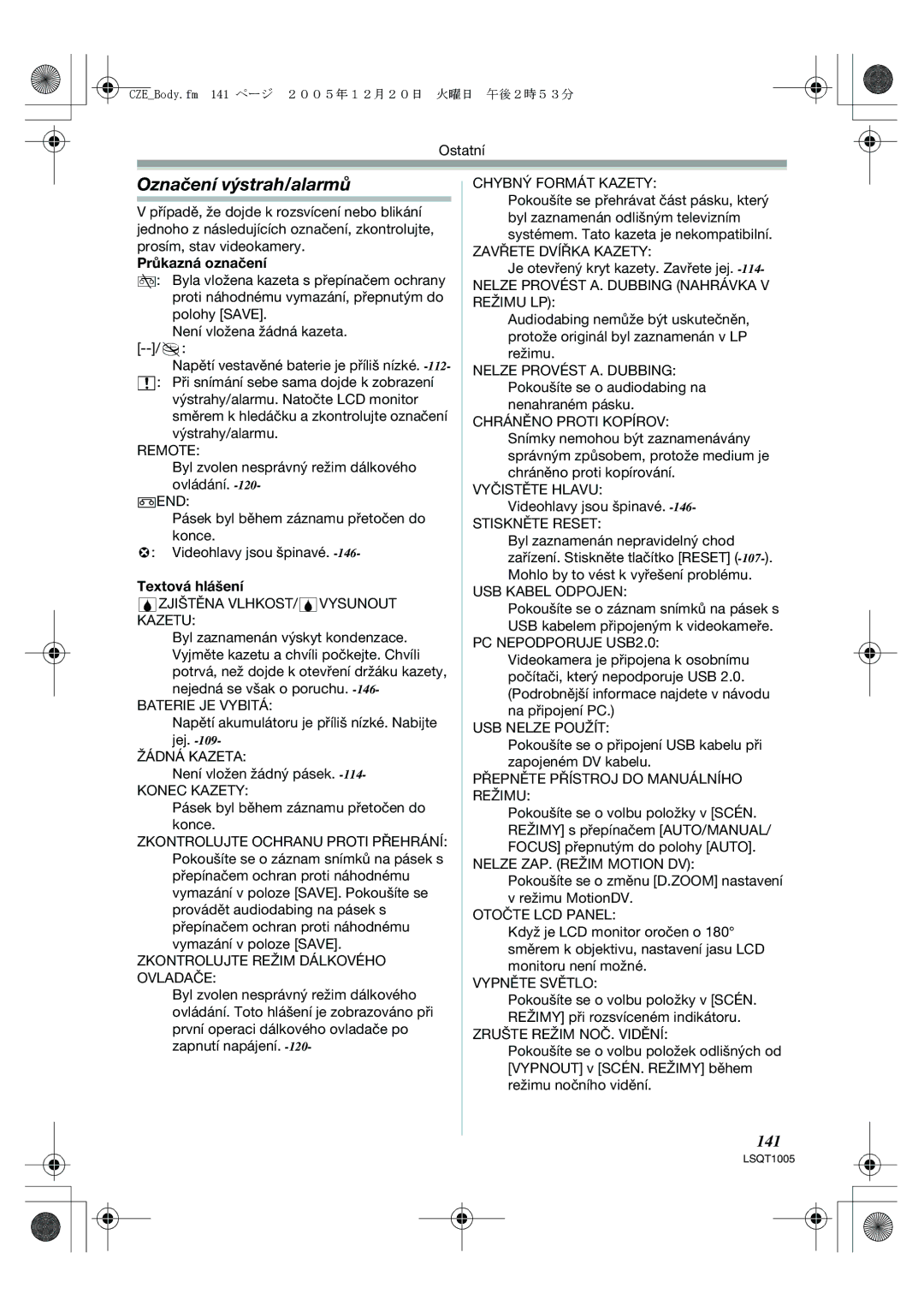 Panasonic NV-GS37EP operating instructions Označení výstrah/alarmů, 141, Průkazná označení, Textová hlášení 