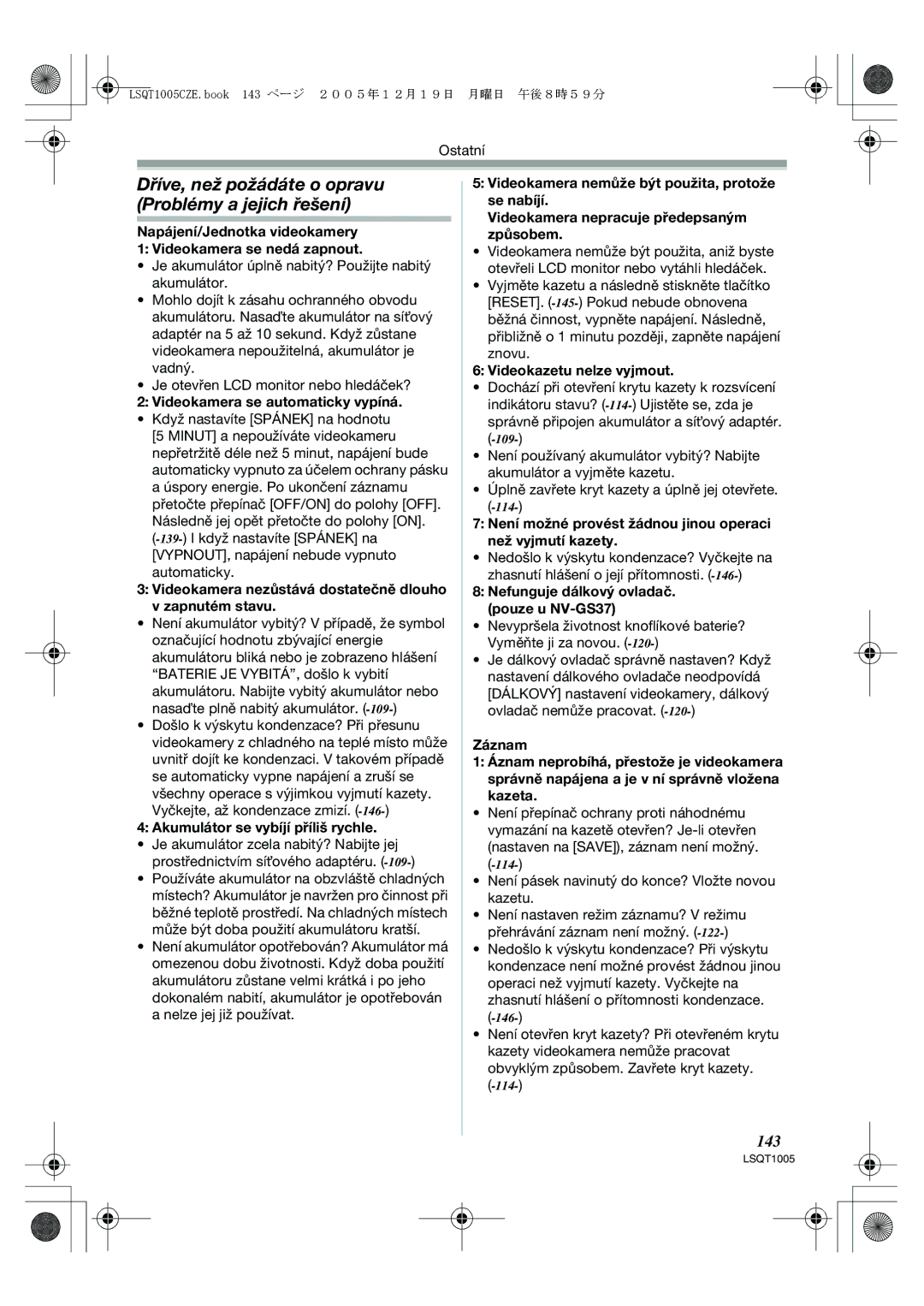 Panasonic NV-GS37EP operating instructions Dříve, než požádáte o opravu Problémy a jejich řešení, 143 